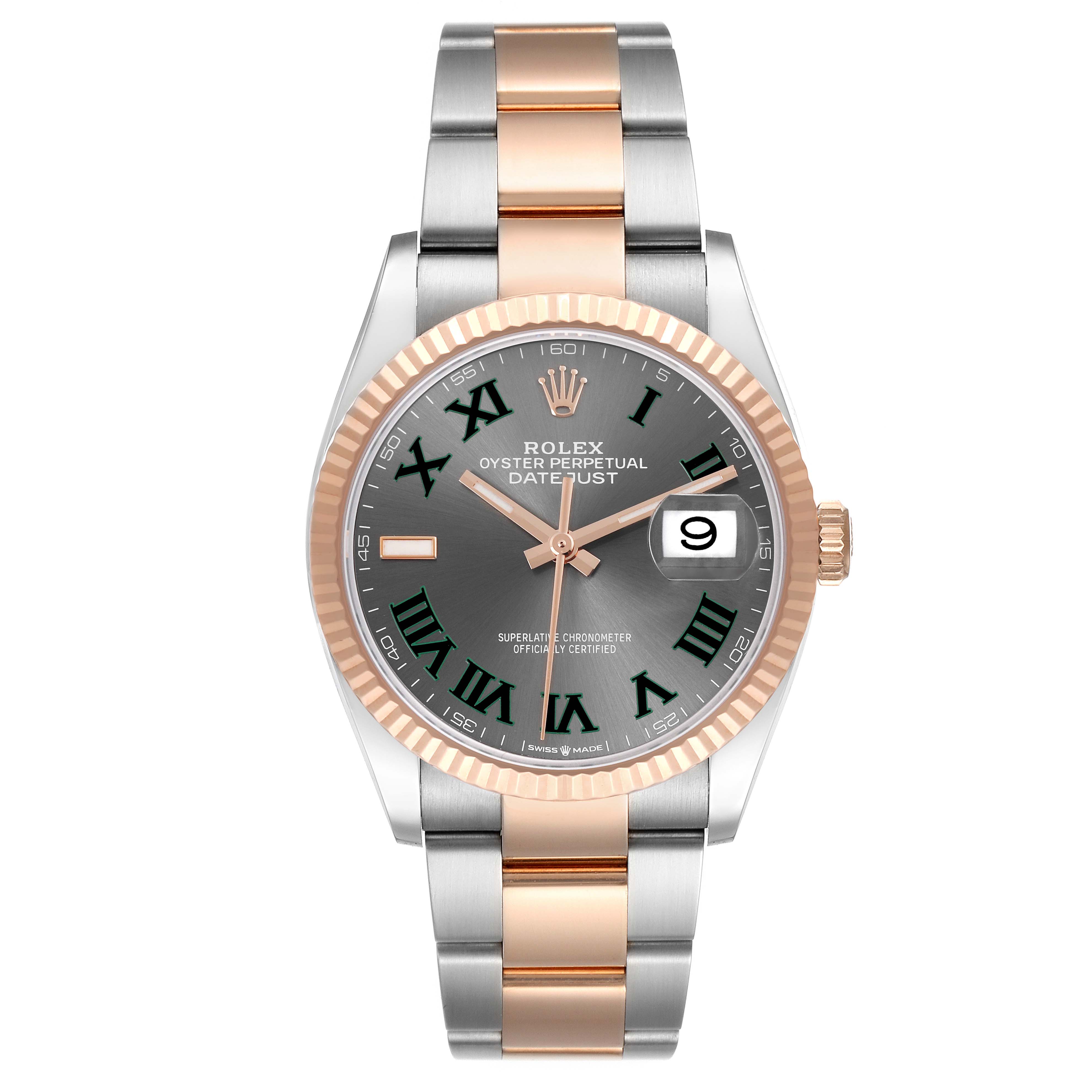The Rolex Datejust 126231 Men's Steel and Gold (two tone) Grey Dial 126231 Men's Steel and Gold (two tone) Grey Dial watch is shown from the front, displaying the dial, bezel, and two-tone bracelet.