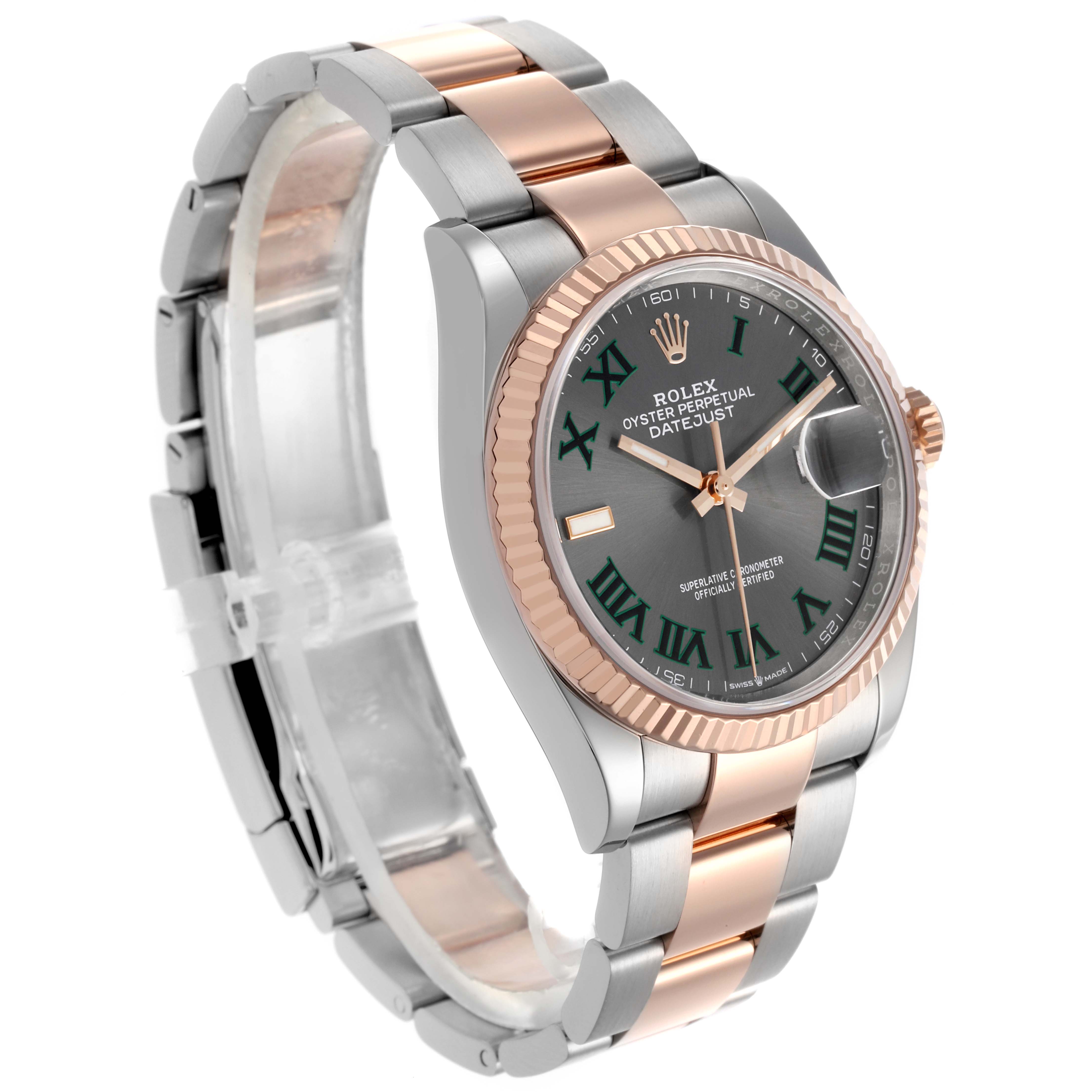 The Rolex Datejust 126231 Men's Steel and Gold (two tone) Grey Dial 126231 Men's Steel and Gold (two tone) Grey Dial watch is shown at a slight side angle, highlighting the face, bezel, and bracelet.