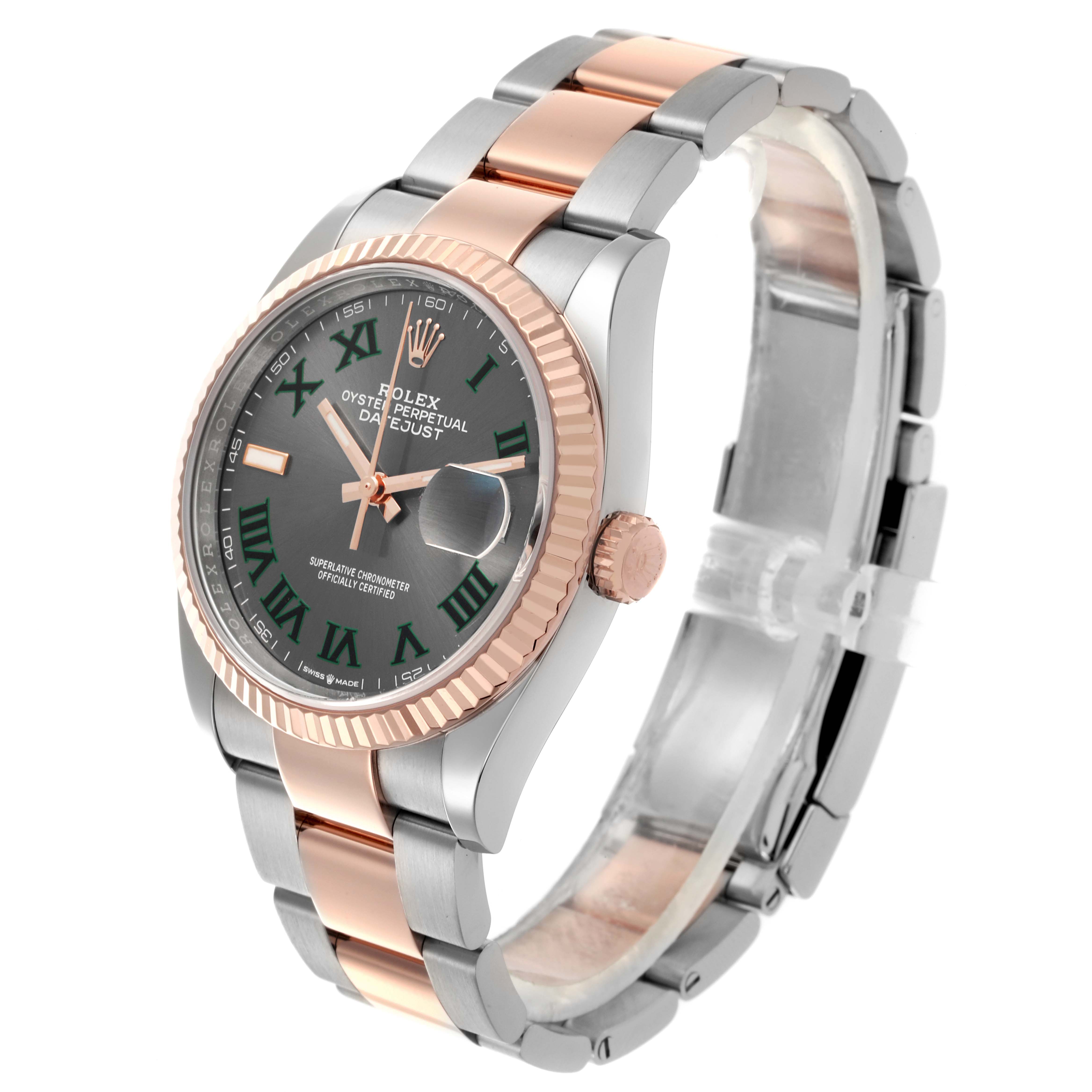 The Rolex Datejust 126231 Men's Steel and Gold (two tone) Grey Dial 126231 Men's Steel and Gold (two tone) Grey Dial watch is shown at a three-quarter angle, displaying the bezel, dial, crown, and two-tone bracelet.