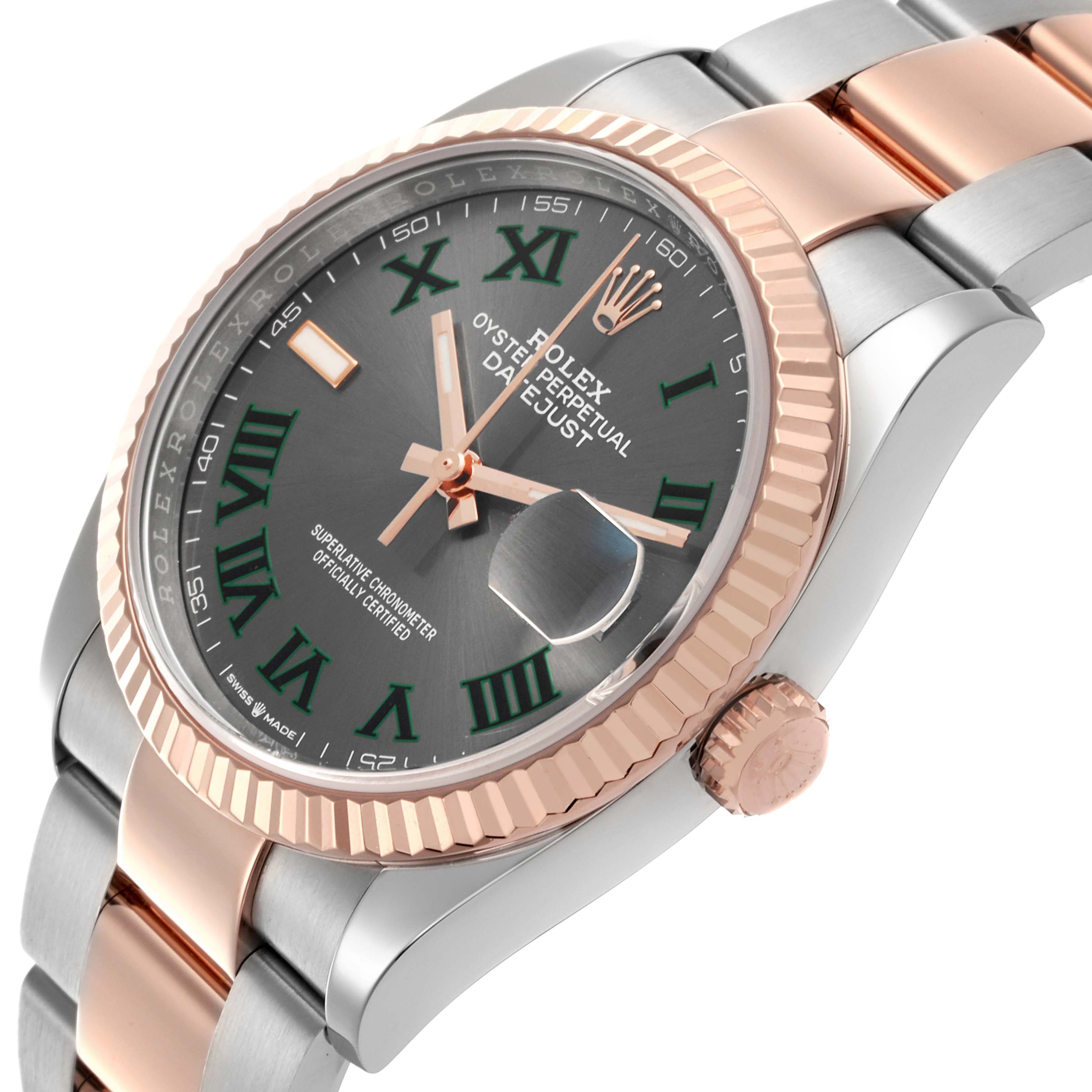 The Rolex Datejust 126231 Men's Steel and Gold (two tone) Grey Dial 126231 Men's Steel and Gold (two tone) Grey Dial watch is shown at a three-quarter angle, displaying the dial, bezel, crown, and part of the bracelet.