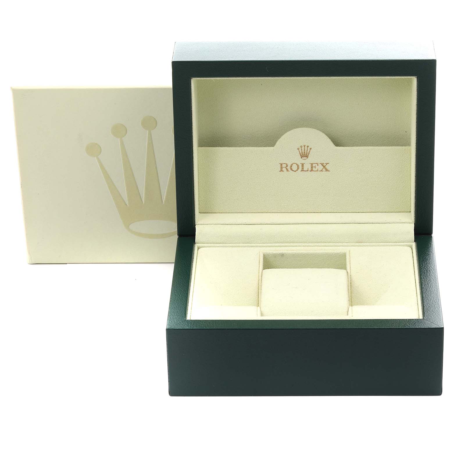 The image shows an open Rolex Datejust 126231 Men's Steel and Gold (two tone) Grey Dial 126231 Men's Steel and Gold (two tone) Grey Dial box with the crown logo and padding, viewed from the front.