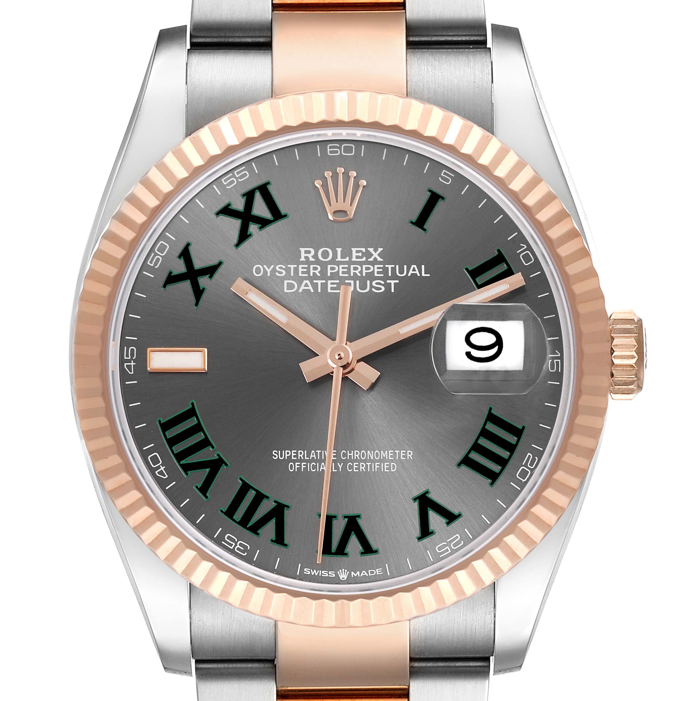 The Rolex Datejust 126231 Men's Steel and Gold (two tone) Grey Dial 126231 Men's Steel and Gold (two tone) Grey Dial watch is shown from a front angle, highlighting the dial, date window, bezel, and part of the bracelet.