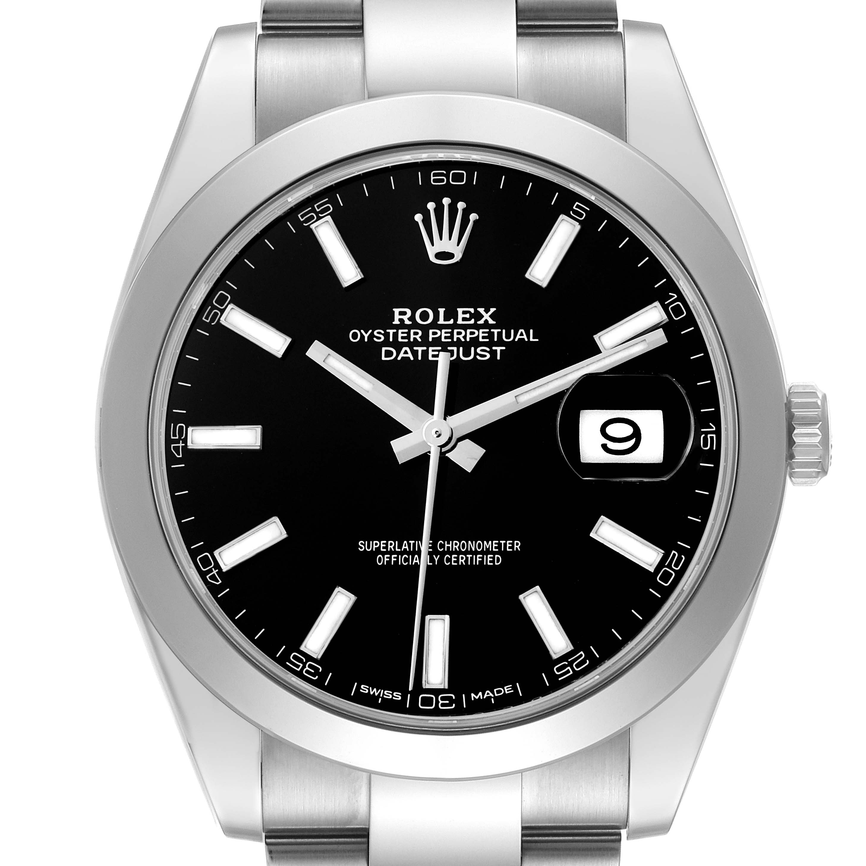 The Rolex Datejust 41 126300 Men's Stainless Steel Black Dial 126300 Men's Stainless Steel Black Dial is shown from the front, highlighting the dial, bezel, date window, and bracelet.