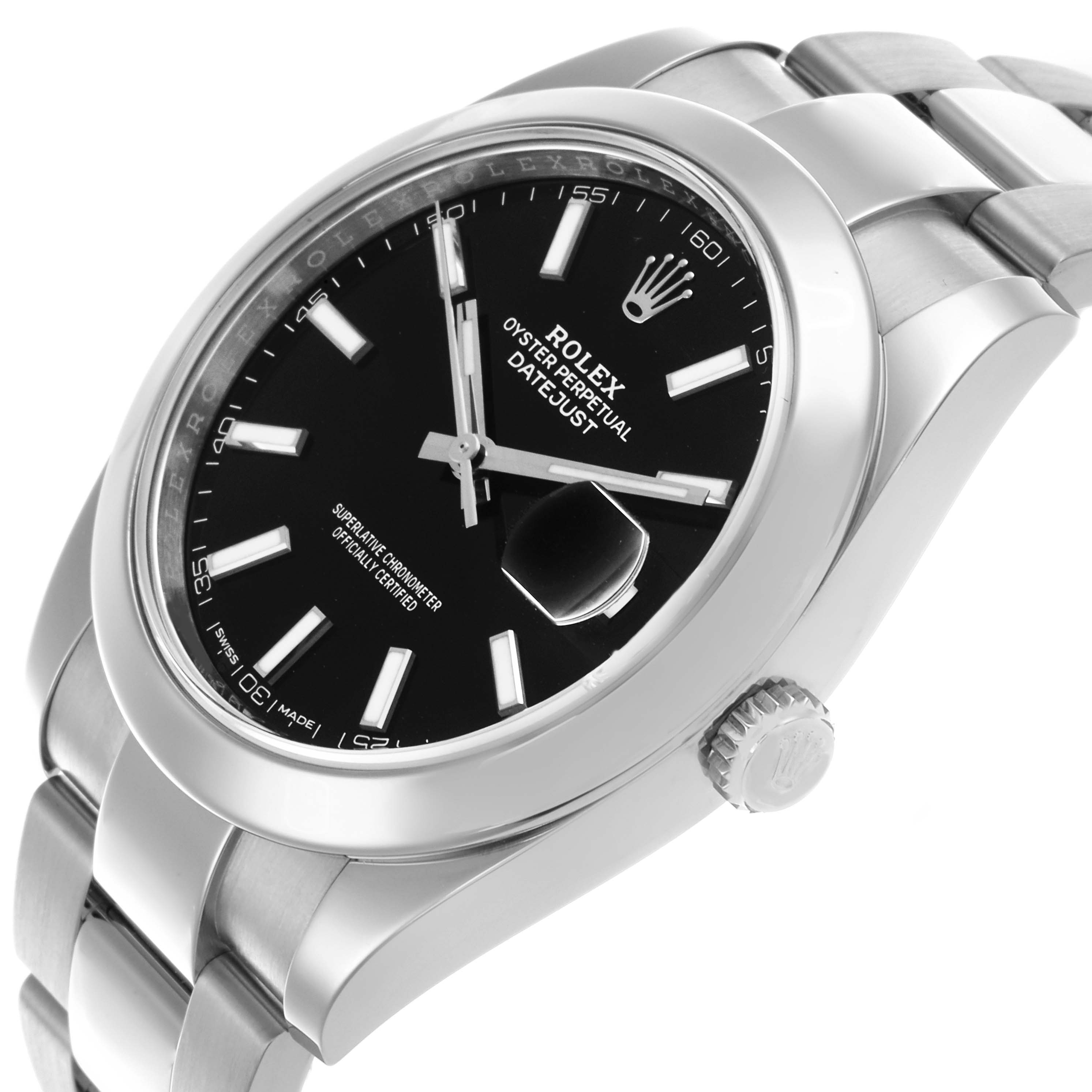 The Rolex Datejust 41 126300 Men's Stainless Steel Black Dial 126300 Men's Stainless Steel Black Dial is shown at a side angle, highlighting the black dial, crown, and part of the bracelet.