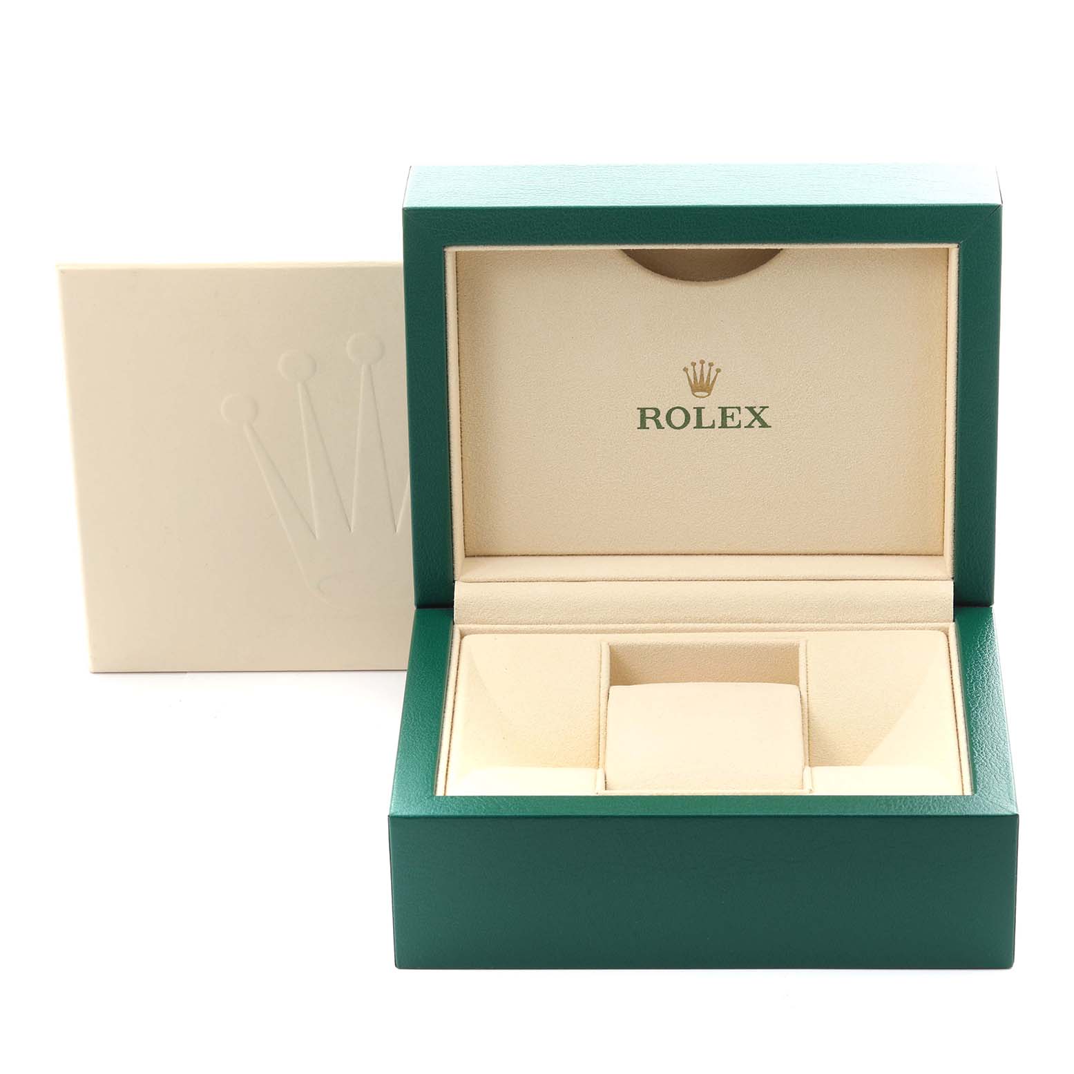 The image shows an open Rolex Datejust 41 126300 Men's Stainless Steel Black Dial 126300 Men's Stainless Steel Black Dial watch box, highlighting its interior compartments and logo.