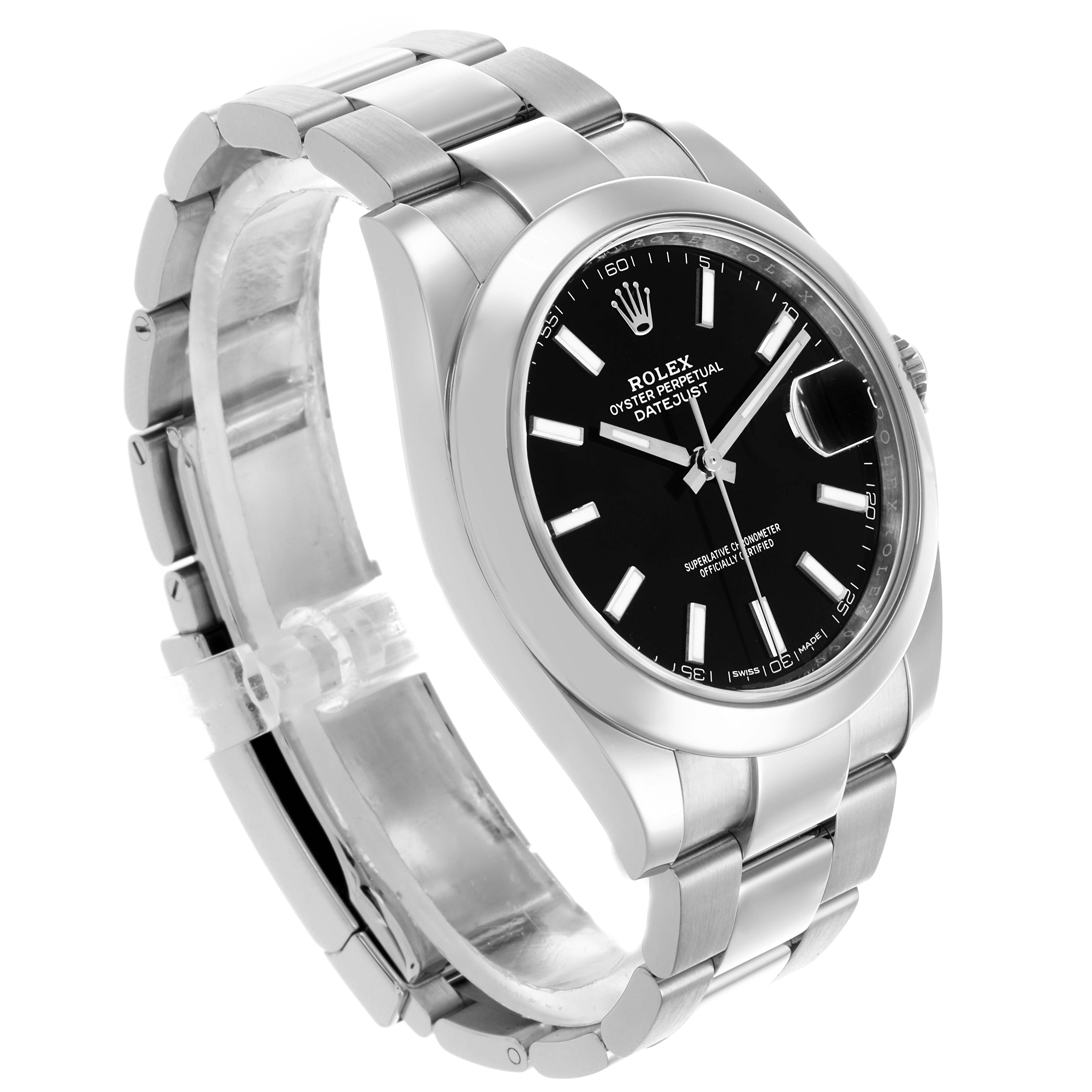 The Rolex Datejust 41 126300 Men's Stainless Steel Black Dial 126300 Men's Stainless Steel Black Dial is shown at an oblique angle highlighting the dial, bezel, and bracelet.