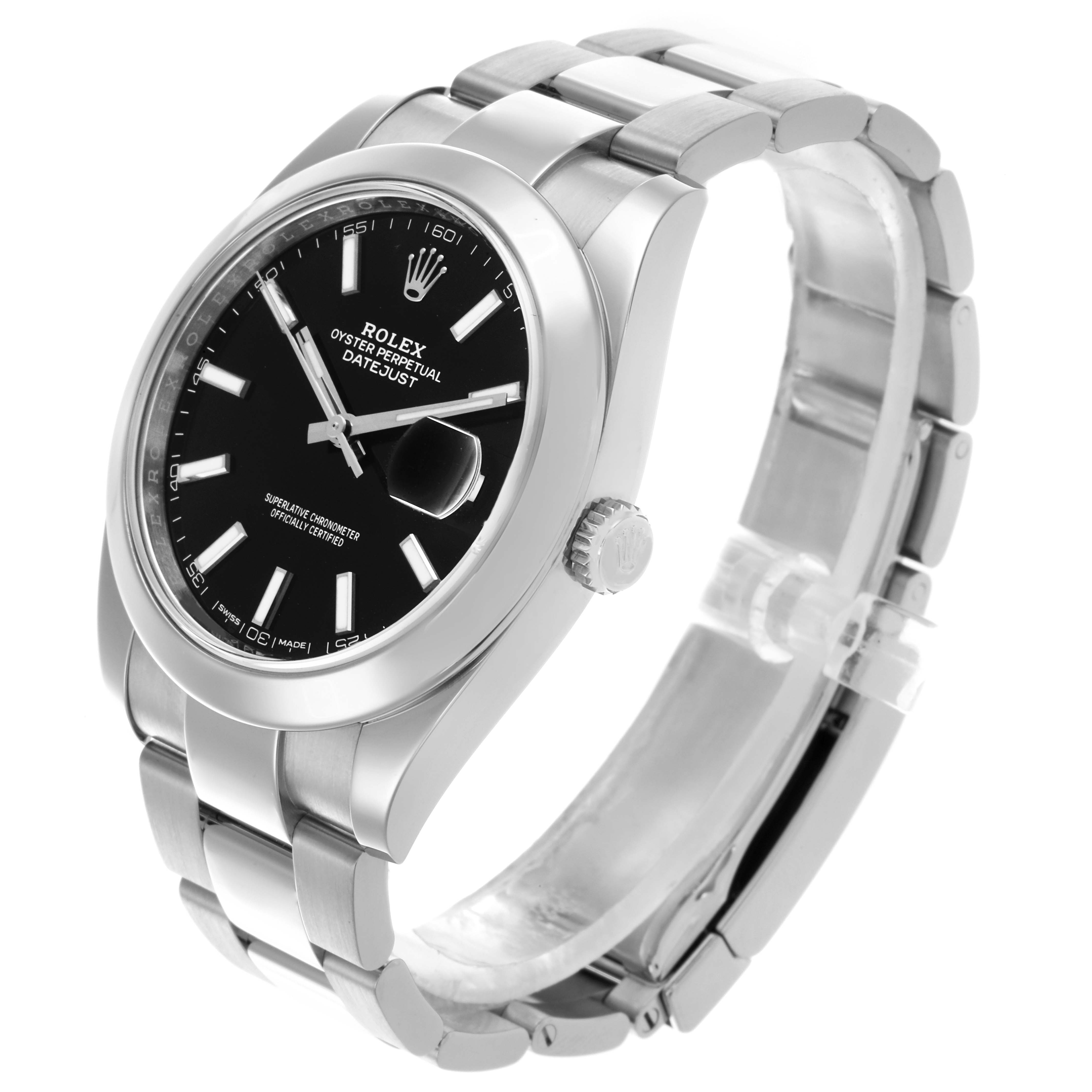 The Rolex Datejust 41 126300 Men's Stainless Steel Black Dial 126300 Men's Stainless Steel Black Dial is shown from a three-quarter angle, highlighting the dial, case, and bracelet.