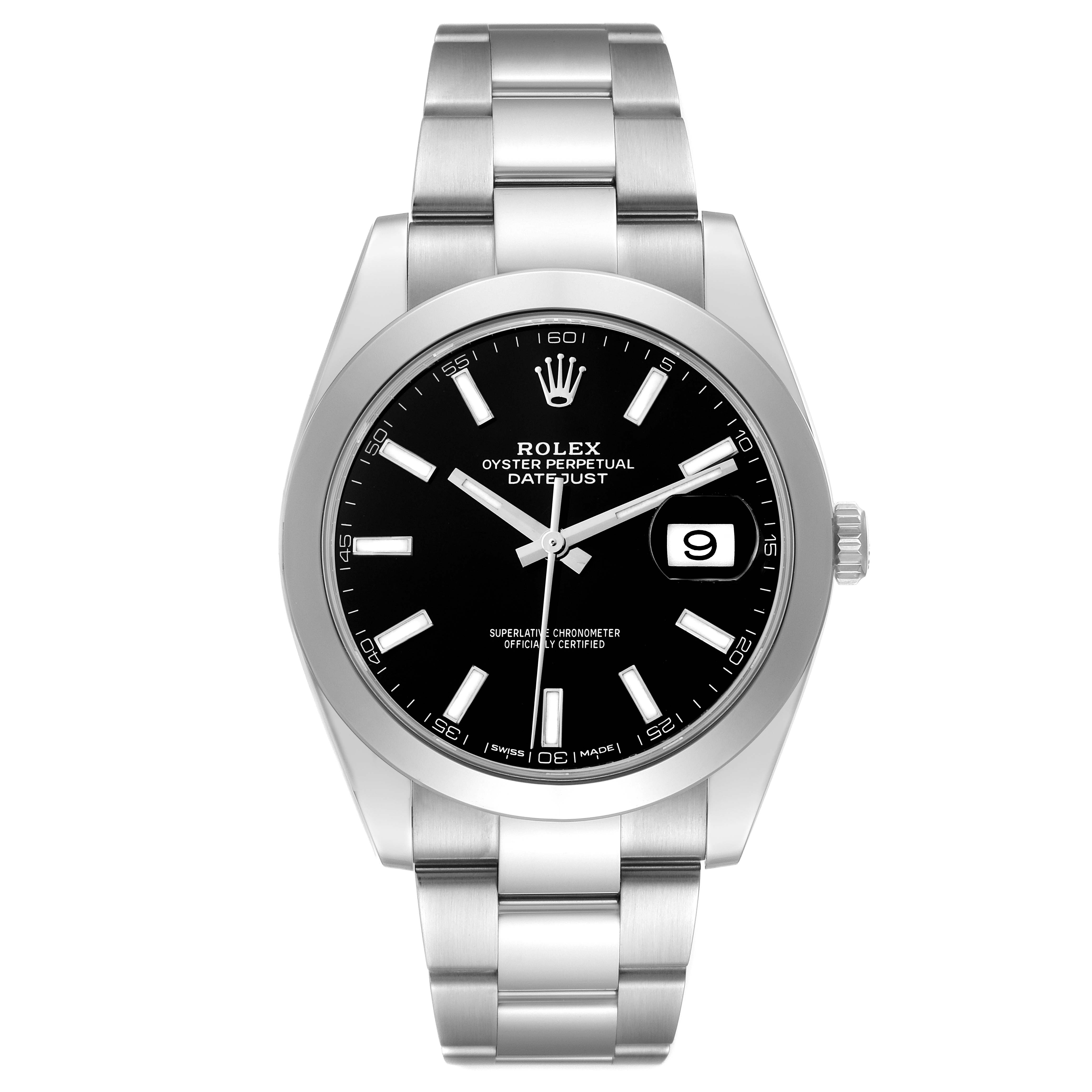 The Rolex Datejust 41 126300 Men's Stainless Steel Black Dial 126300 Men's Stainless Steel Black Dial is shown from a front angle, displaying the dial, bracelet, and date window.