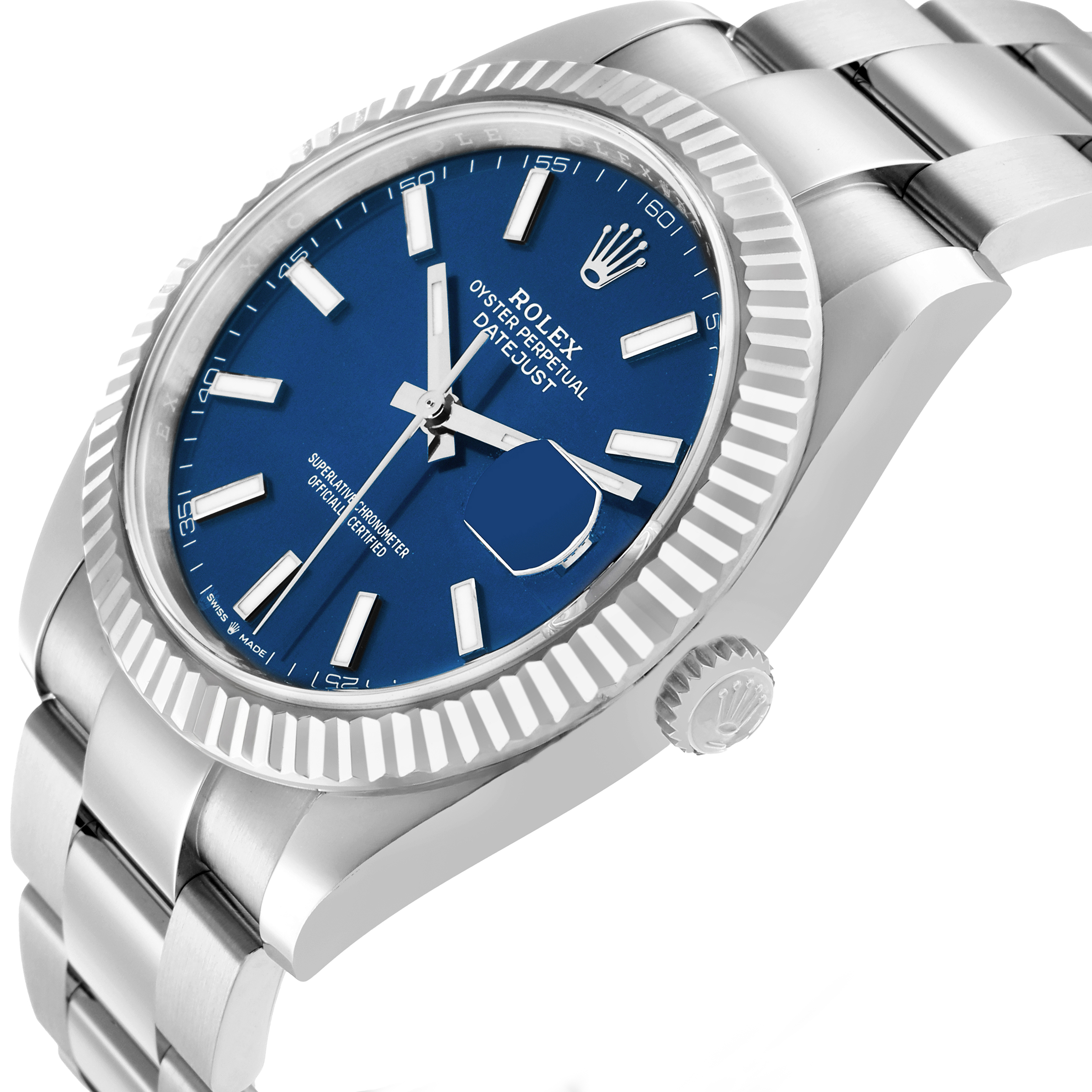 The Rolex Datejust 41 126334 Men
s Stainless Steel Blue Dial is shown at an angled side view, highlighting the blue dial, fluted bezel, crown, and part of the bracelet.