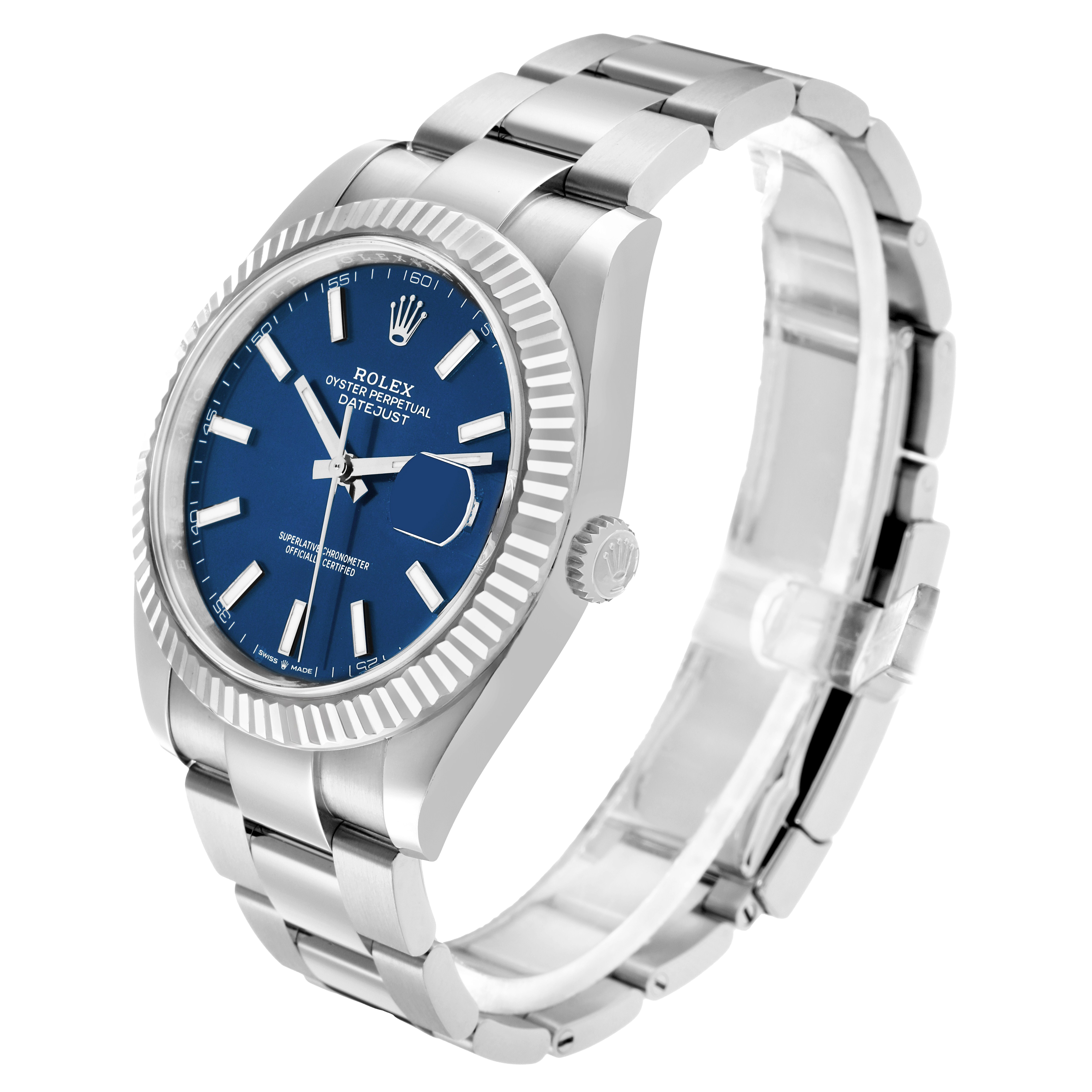 This Rolex Datejust 41 126334 Men
s Stainless Steel Blue Dial watch is shown at a three-quarter angle displaying the dial, fluted bezel, and part of the bracelet.