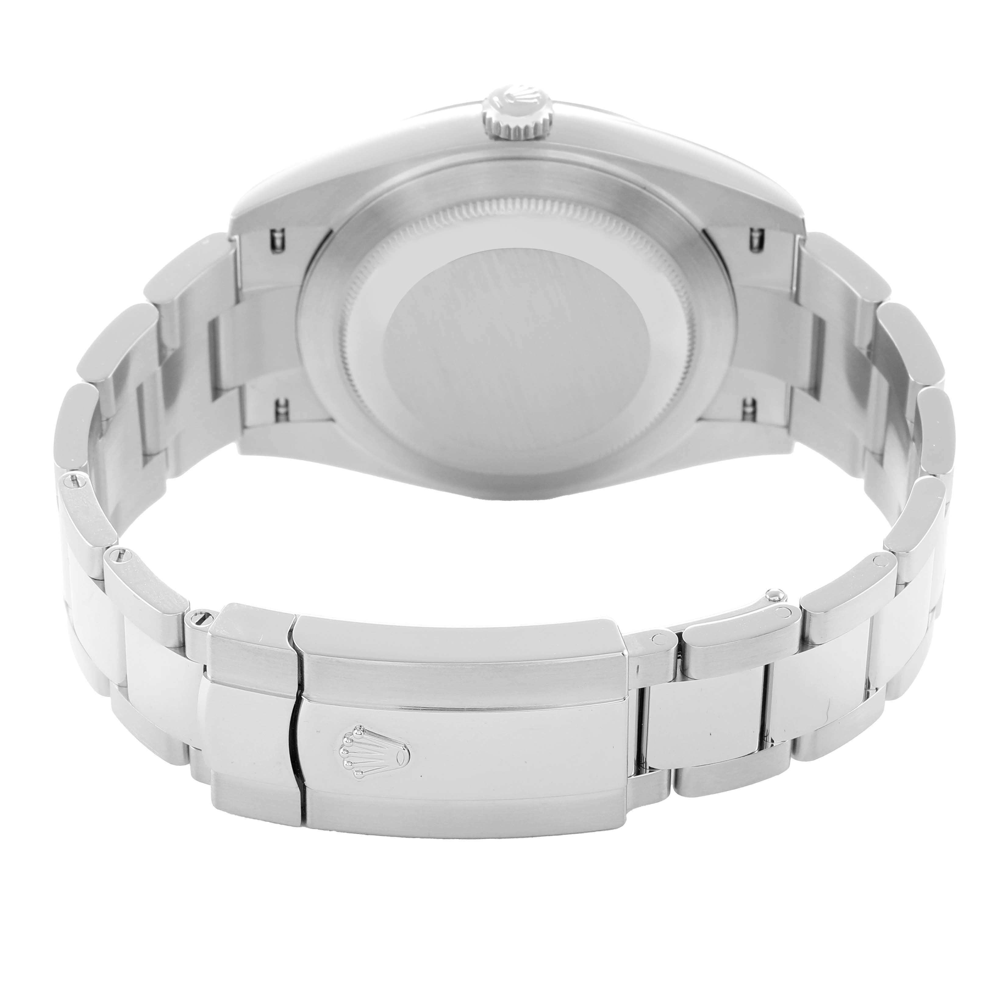 The image shows the back view of a Rolex Datejust 41 126334 Men
s Stainless Steel Blue Dial, featuring the case back, crown, and bracelet with the clasp.