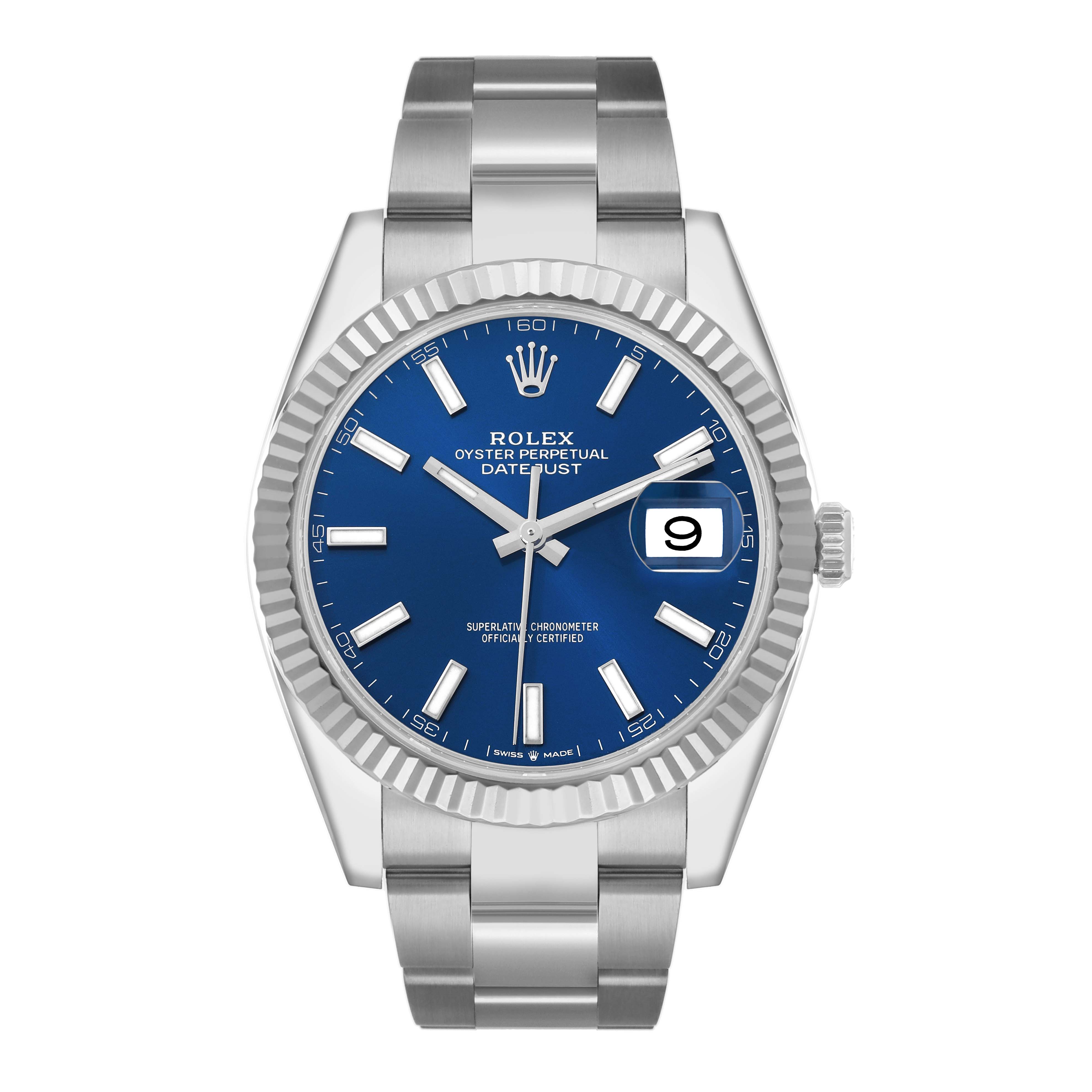 The image shows a frontal view of the Rolex Datejust 41 126334 Men
s Stainless Steel Blue Dial, highlighting the blue dial, fluted bezel, and bracelet.