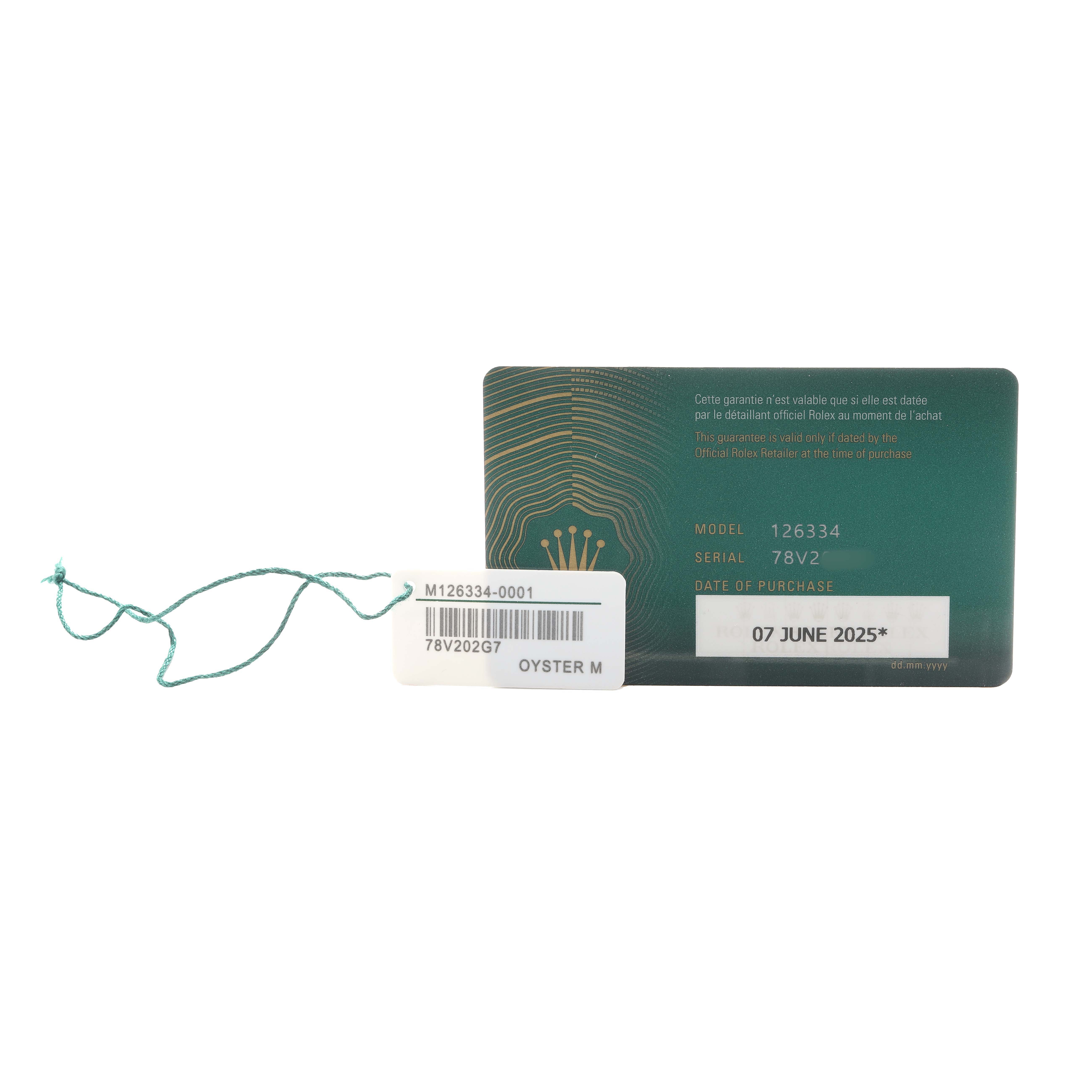The image shows a green warranty card and tags for the Rolex Datejust 41 126334 Men
s Stainless Steel Blue Dial, model 126334.