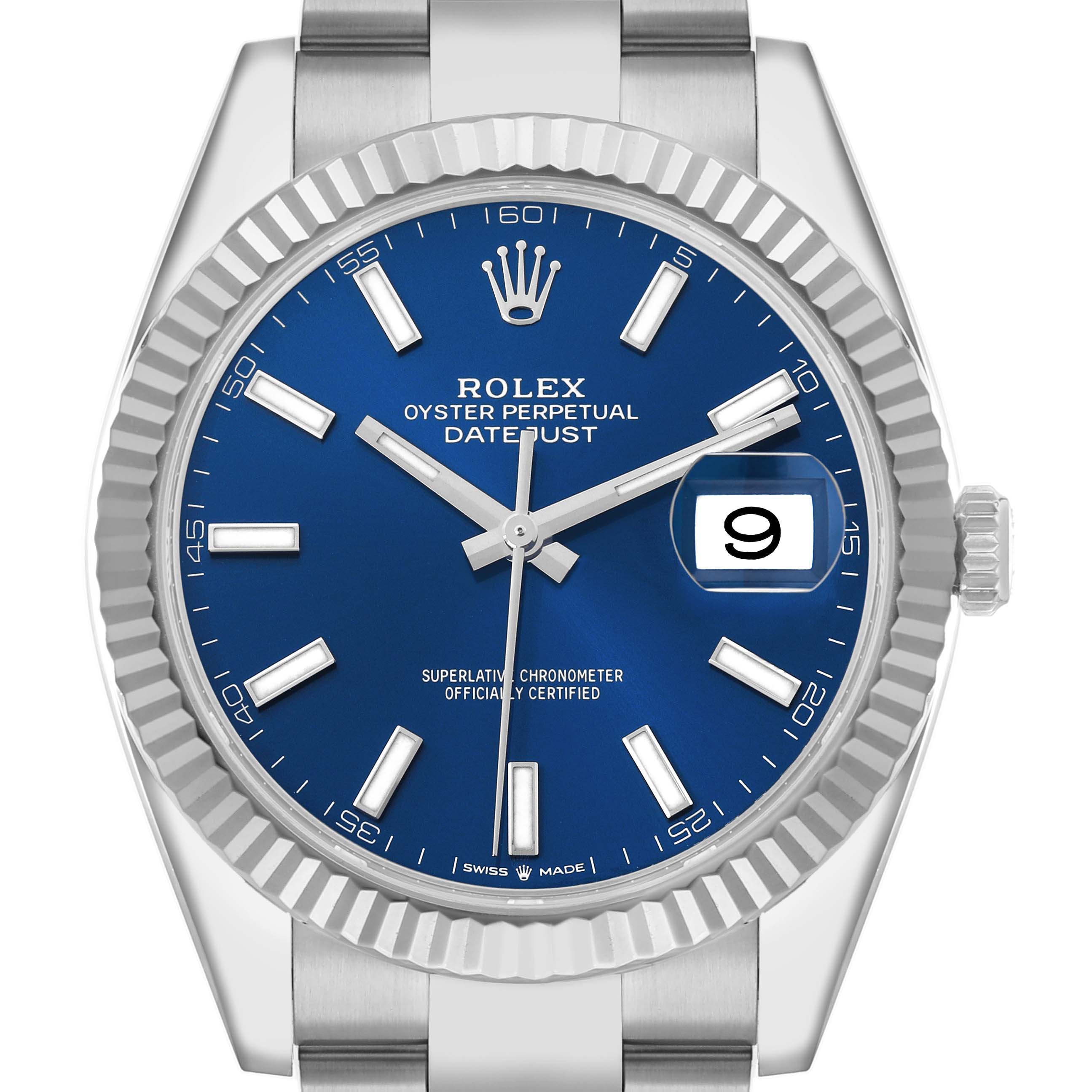 The Rolex Datejust 41 126334 Men
s Stainless Steel Blue Dial is shown from the front, highlighting the dial, fluted bezel, markers, and date window.