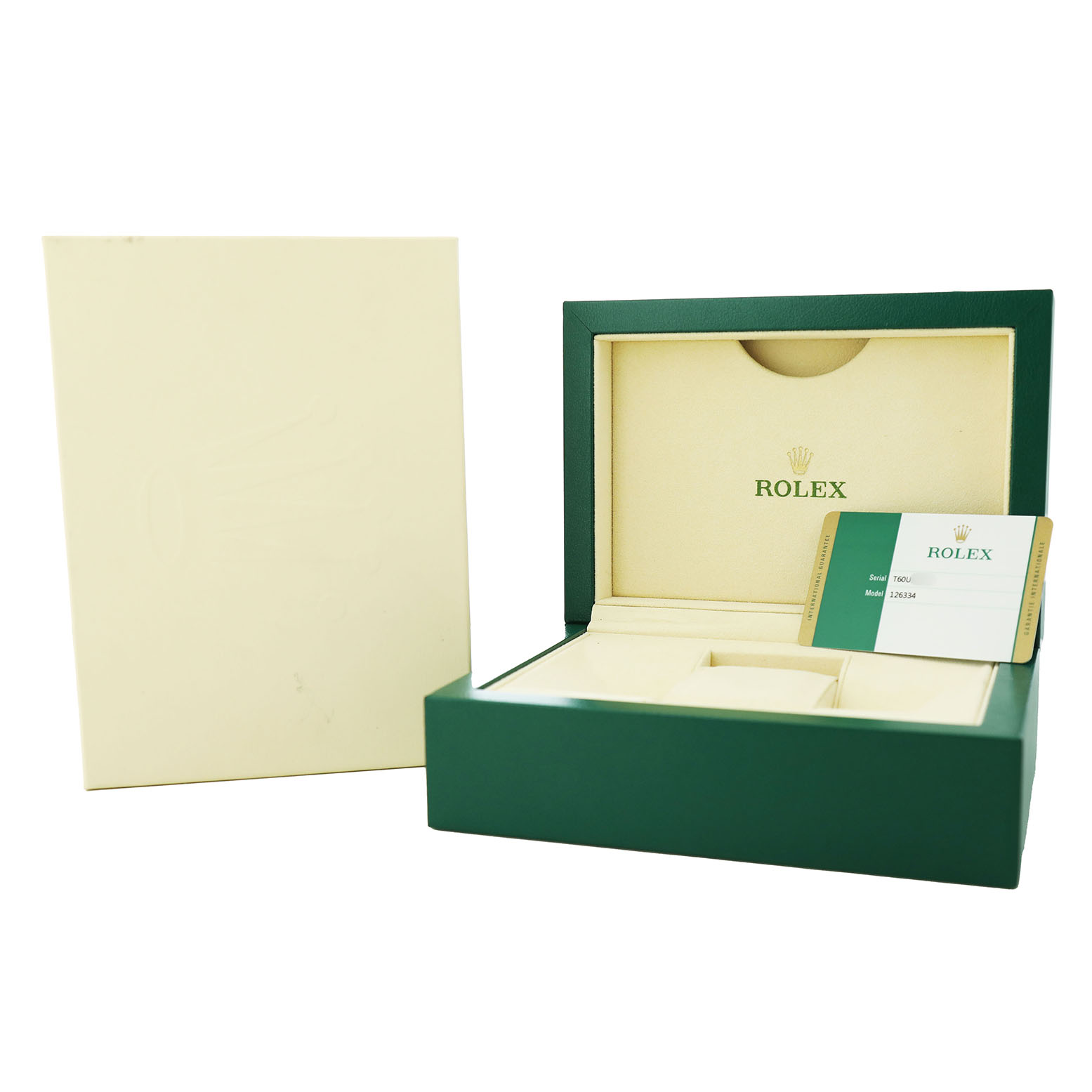 The image shows an open green Rolex box for the Datejust 41 model, with a warranty card partially inserted inside.