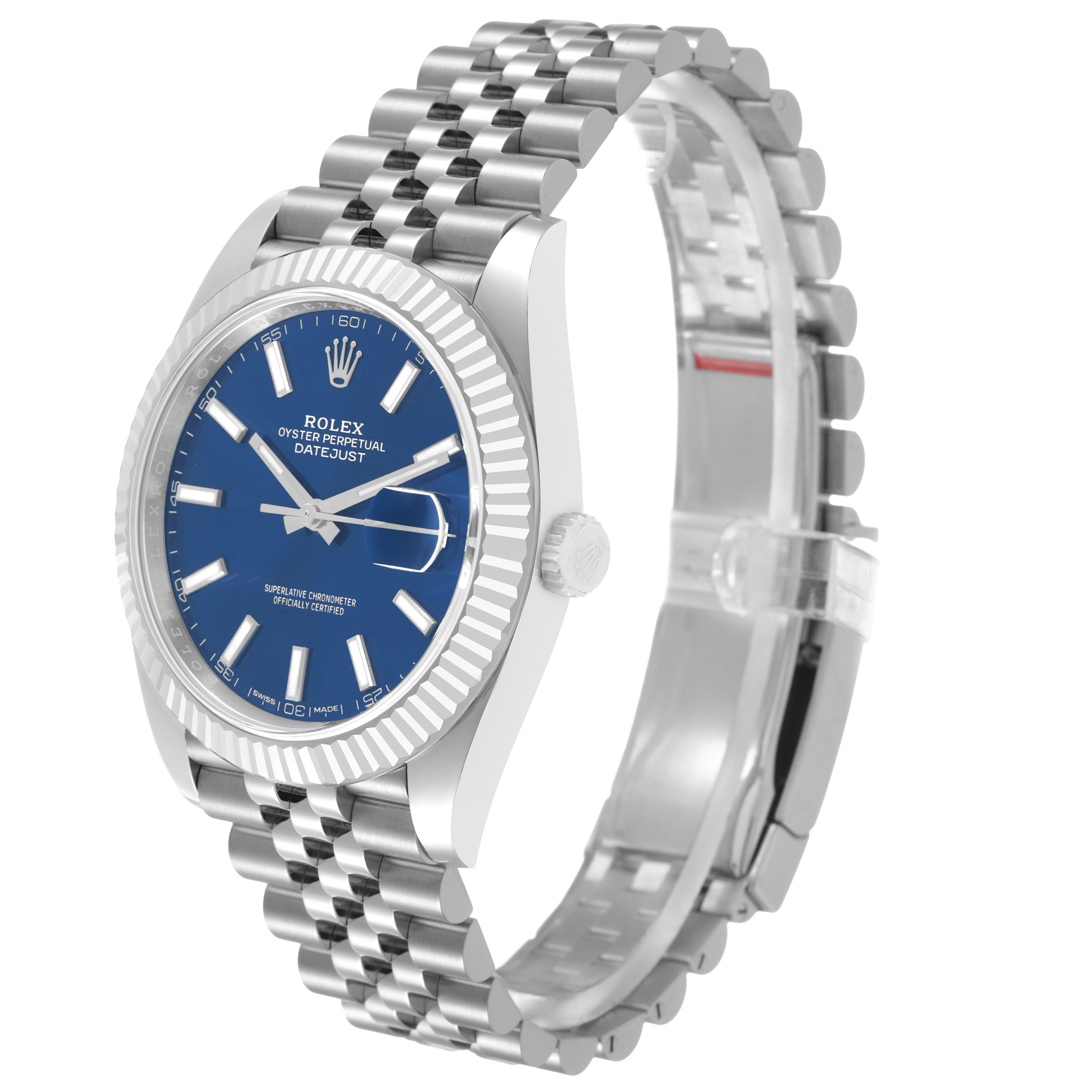 The Rolex Datejust 41 126334 Men's Stainless Steel Blue Dial is shown at a three-quarter angle, highlighting its blue dial, fluted bezel, and Jubilee bracelet.