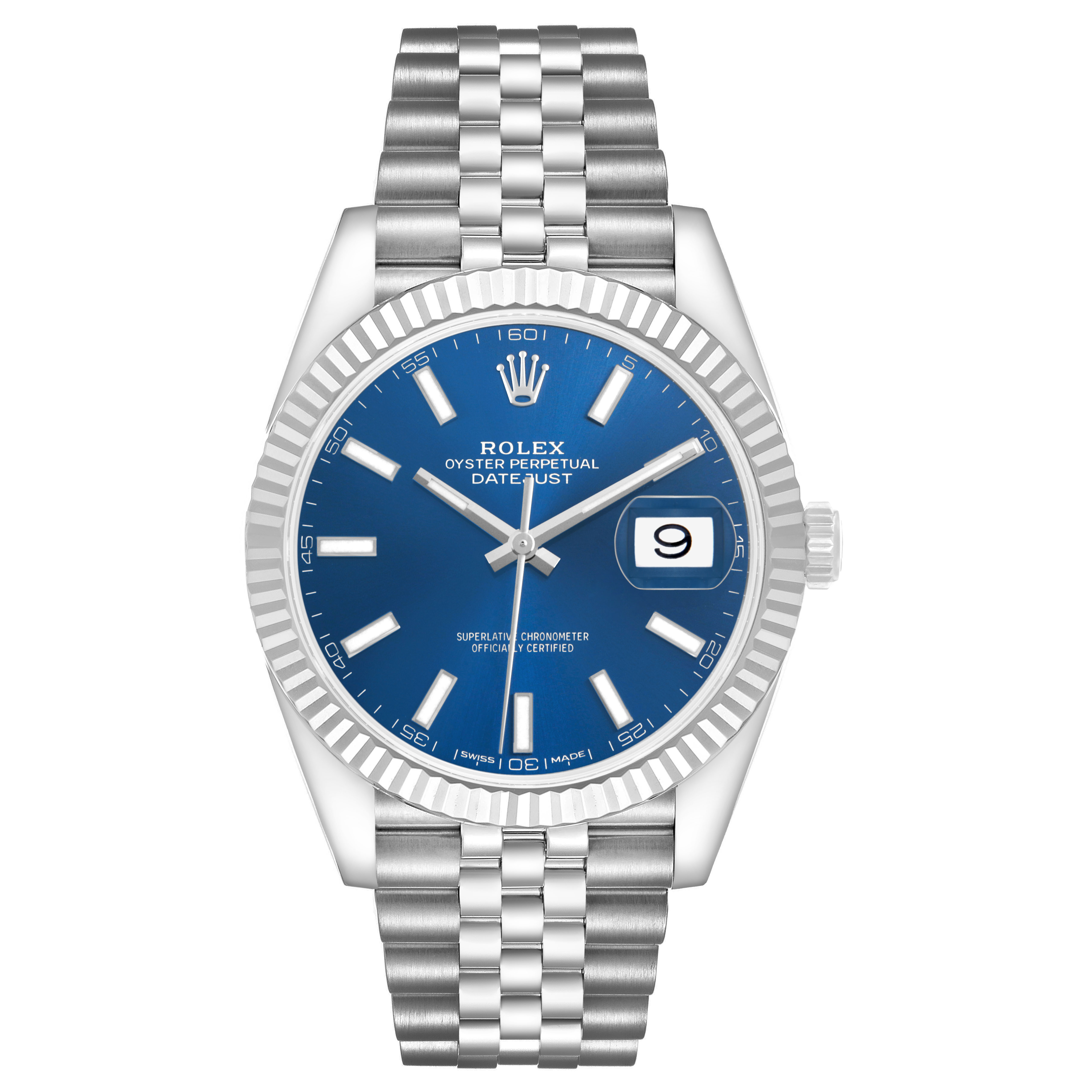 The Rolex Datejust 41 126334 Men's Stainless Steel Blue Dial is shown from a front angle, highlighting the blue dial, fluted bezel, and Jubilee bracelet.