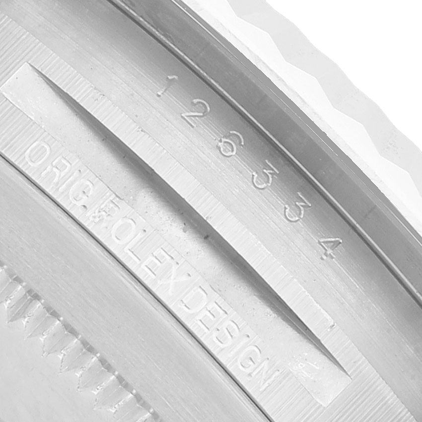 The image shows a close-up of the case side with the model number and "ORIG ROLEX DESIGN" engraving for the Rolex Datejust 41 126334 Men's Stainless Steel Blue Dial.
