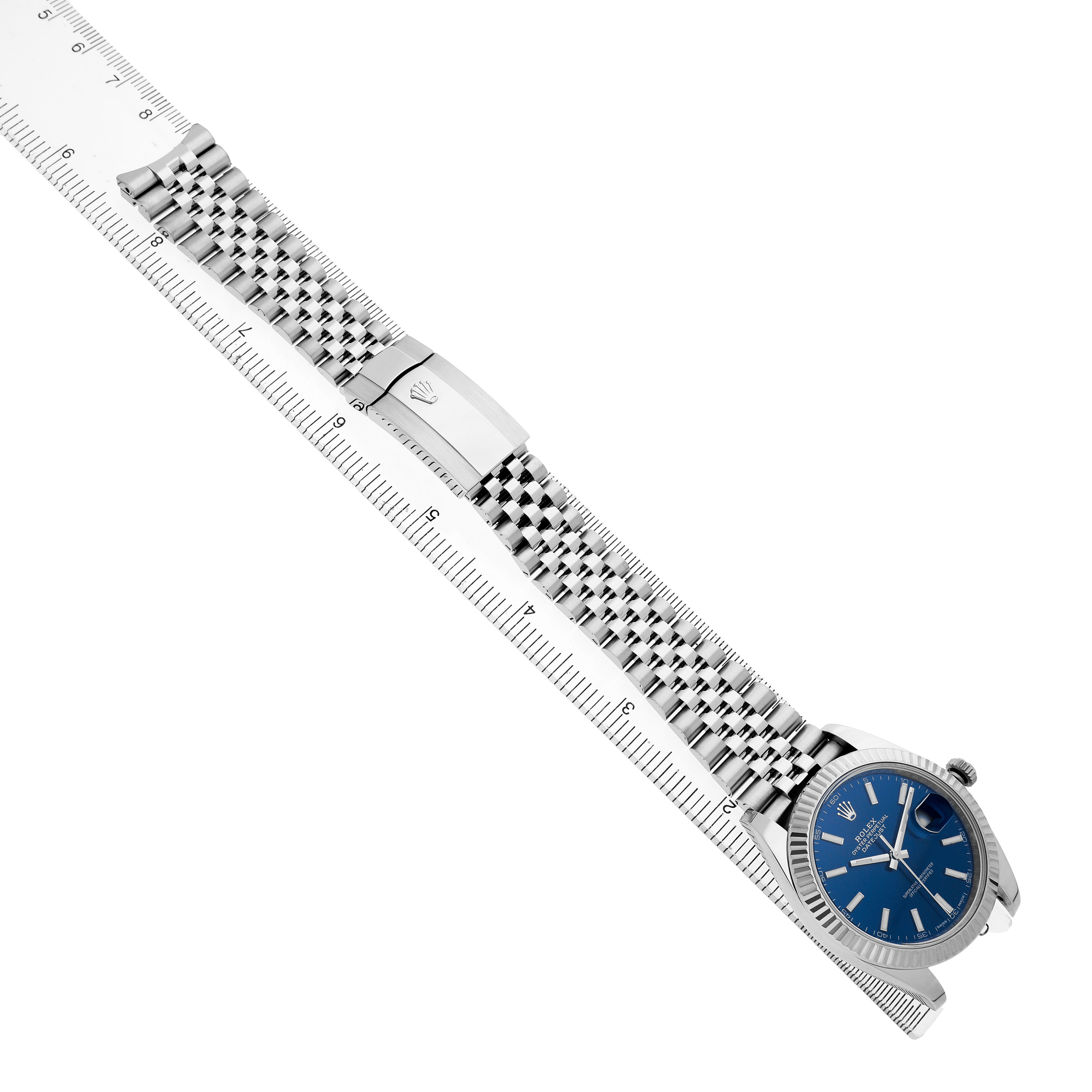 The Rolex Datejust 41 126334 Men's Stainless Steel Blue Dial model is shown at a diagonal angle, highlighting the face, bracelet, and clasp.