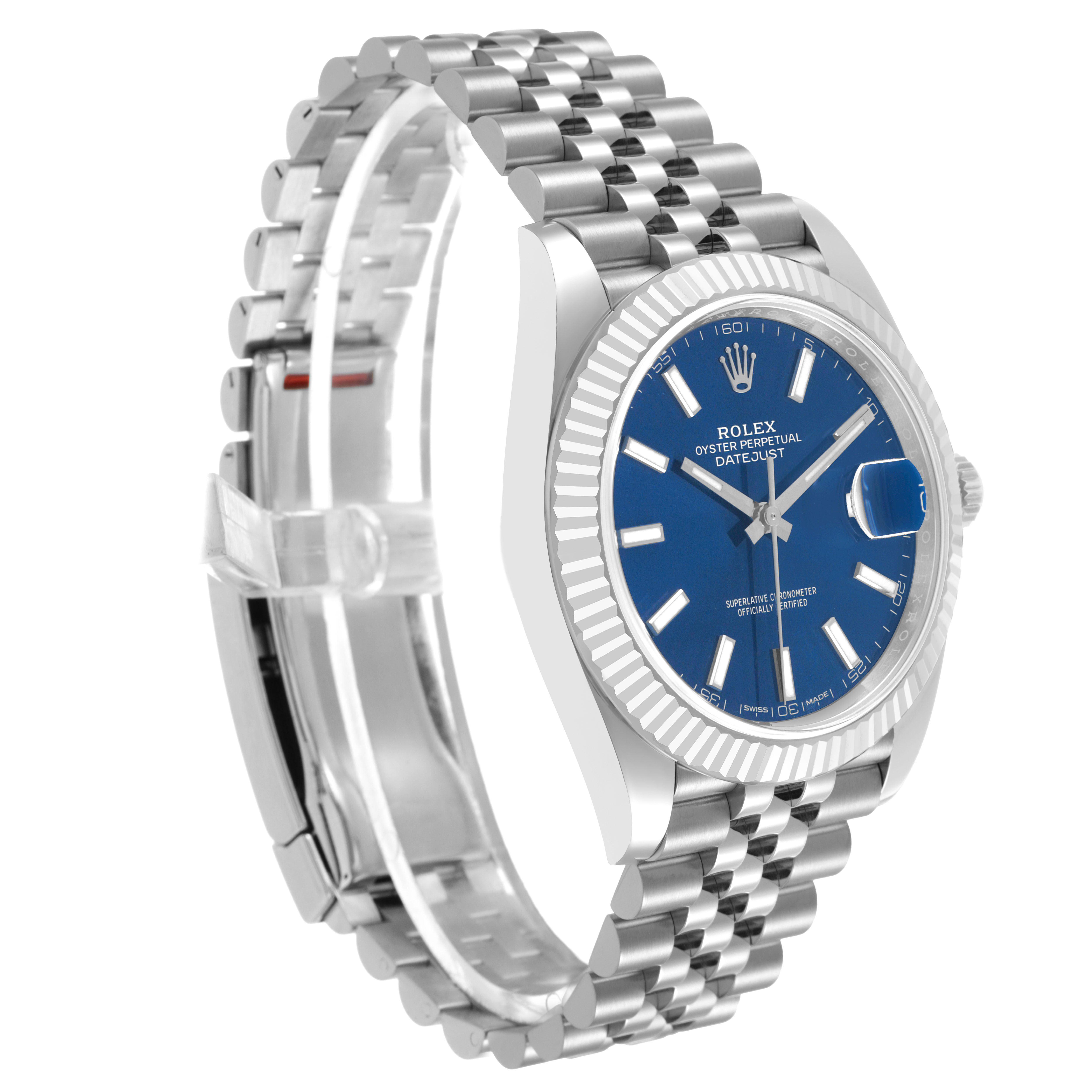 The image shows the Rolex Datejust 41 126334 Men's Stainless Steel Blue Dial at a three-quarter angle, highlighting the dial, case, and bracelet.