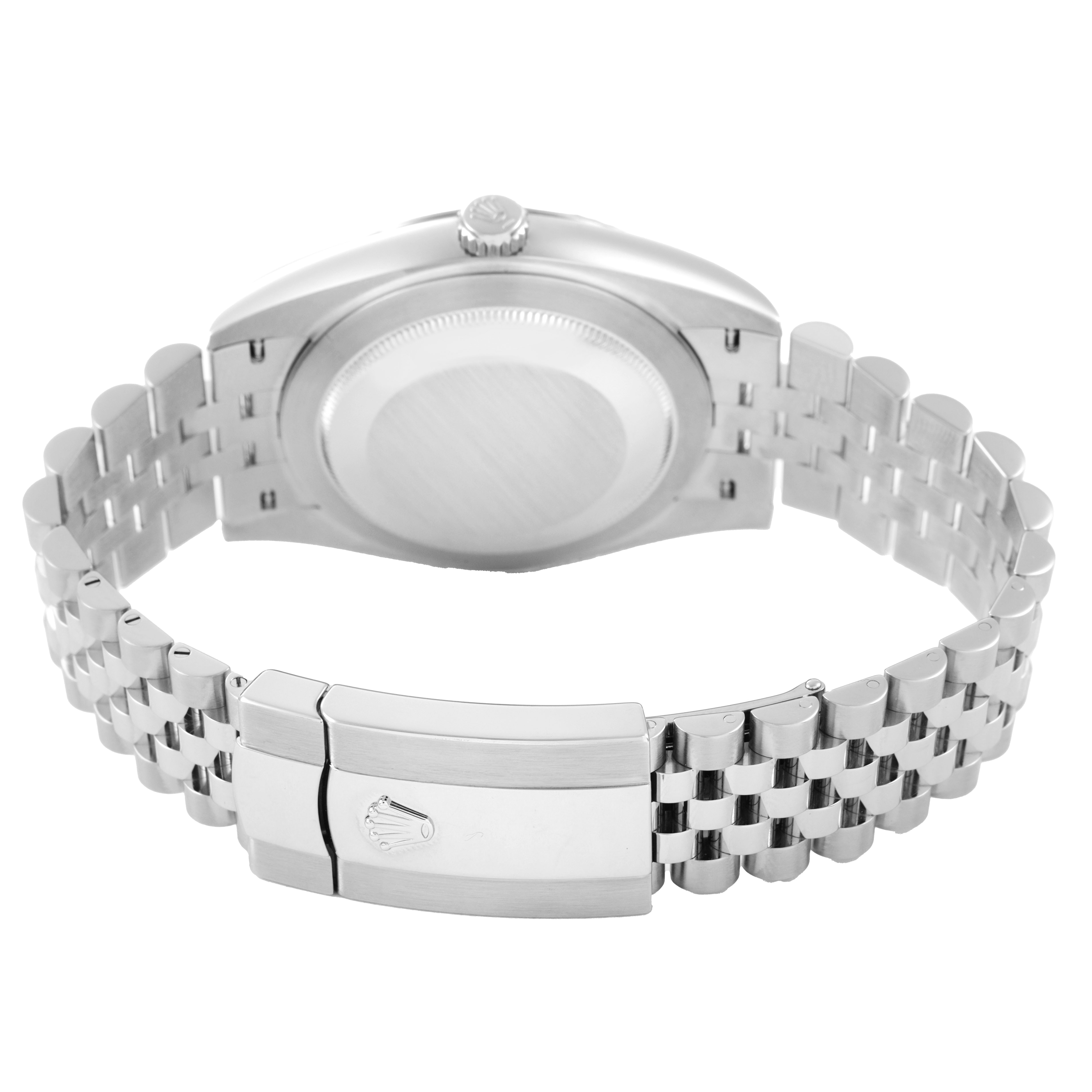 The image shows the back of the Rolex Datejust 41 126334 Men's Stainless Steel Blue Dial, highlighting the case back and jubilee bracelet with the clasp.