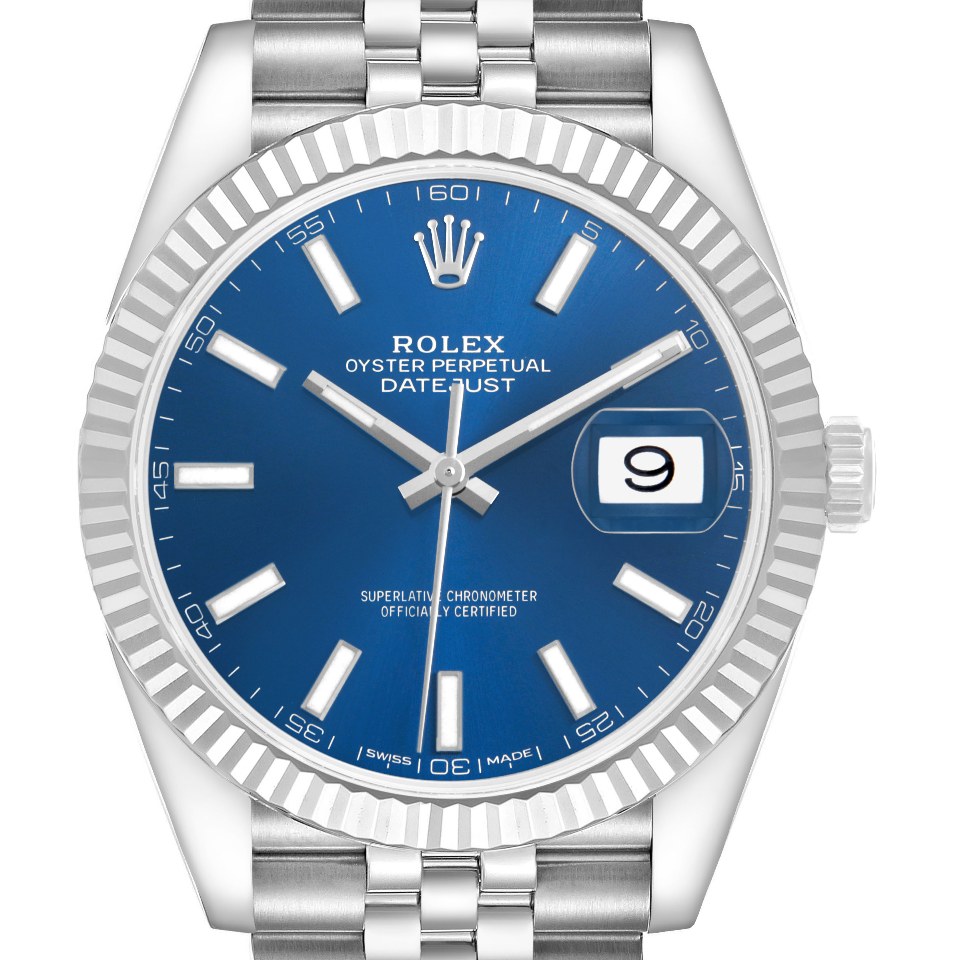 The Rolex Datejust 41 126334 Men's Stainless Steel Blue Dial model is shown from the front, displaying its blue dial, fluted bezel, and Jubilee bracelet.