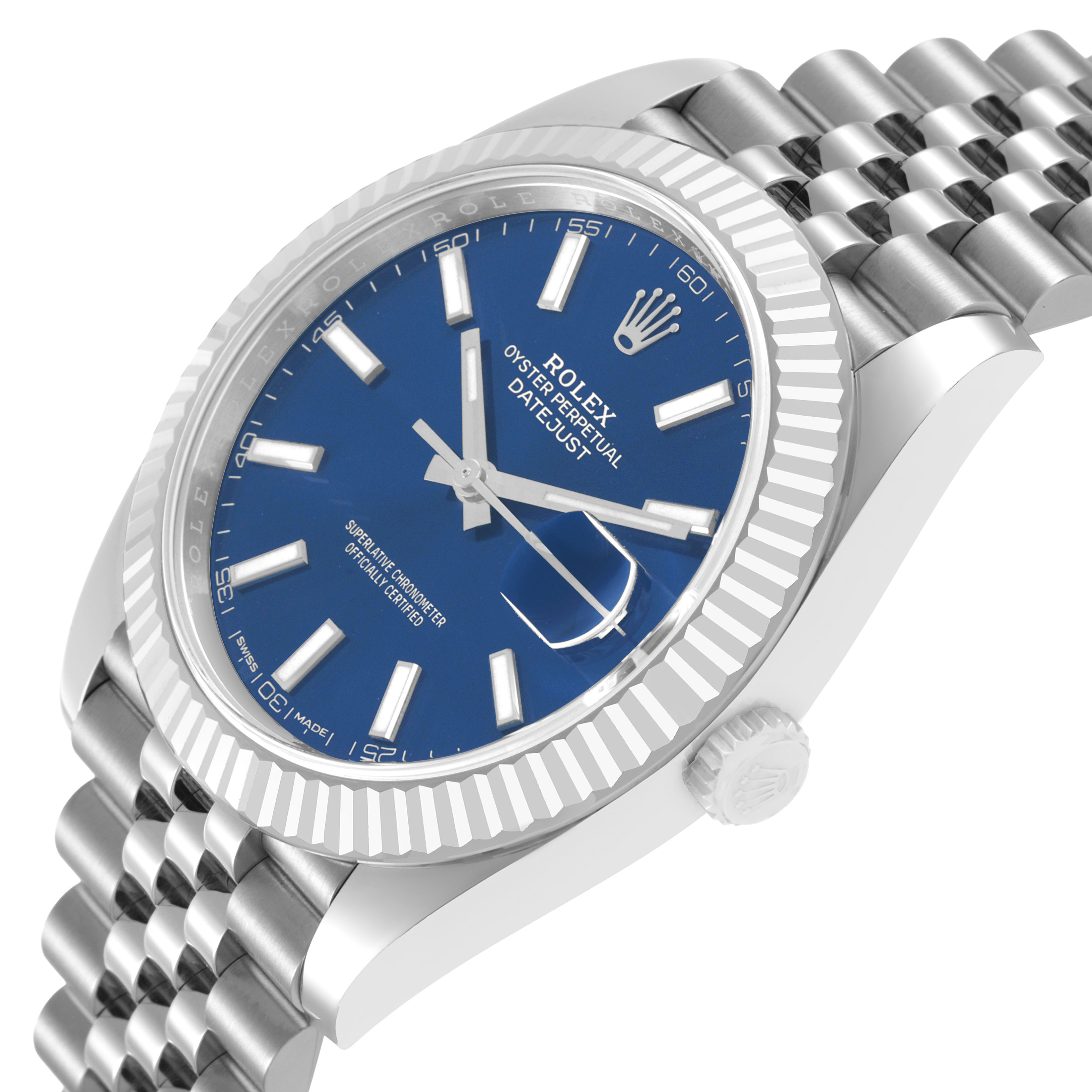The Rolex Datejust 41 126334 Men's Stainless Steel Blue Dial watch is shown at an angled view, highlighting the blue dial, fluted bezel, and Jubilee bracelet.