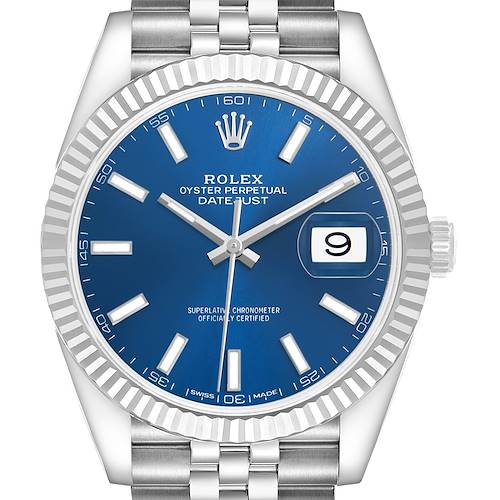 The Rolex Datejust 41 126334 Men's Stainless Steel Blue Dial watch is shown from a front angle, highlighting its blue dial, date window, and Jubilee bracelet.