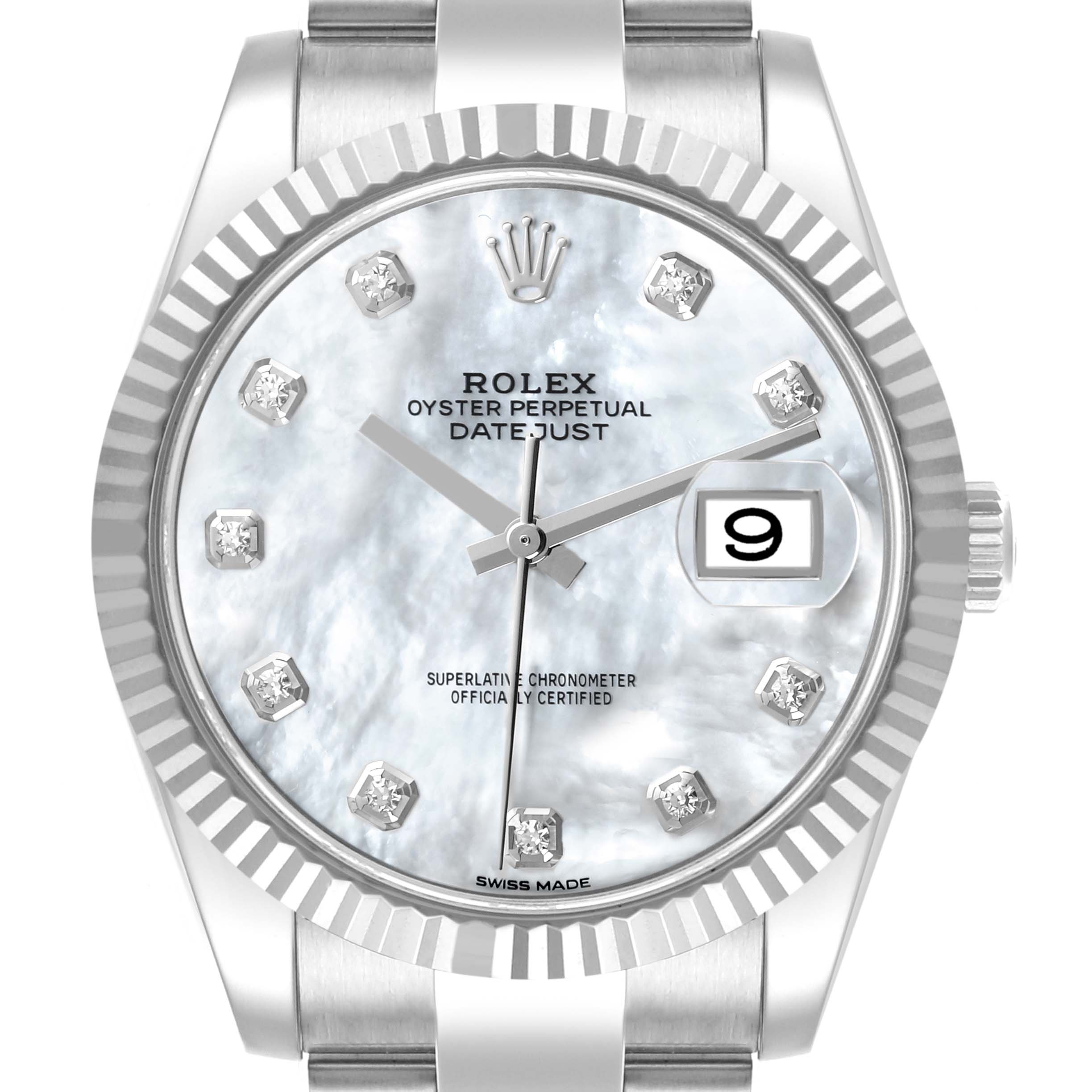 The image shows a front view of the Rolex Datejust 41 126334 Men's Stainless Steel Mother of Pearl Dial 126334 Men's Stainless Steel Mother of Pearl Dial, highlighting its dial, hands, bezel, and crown.