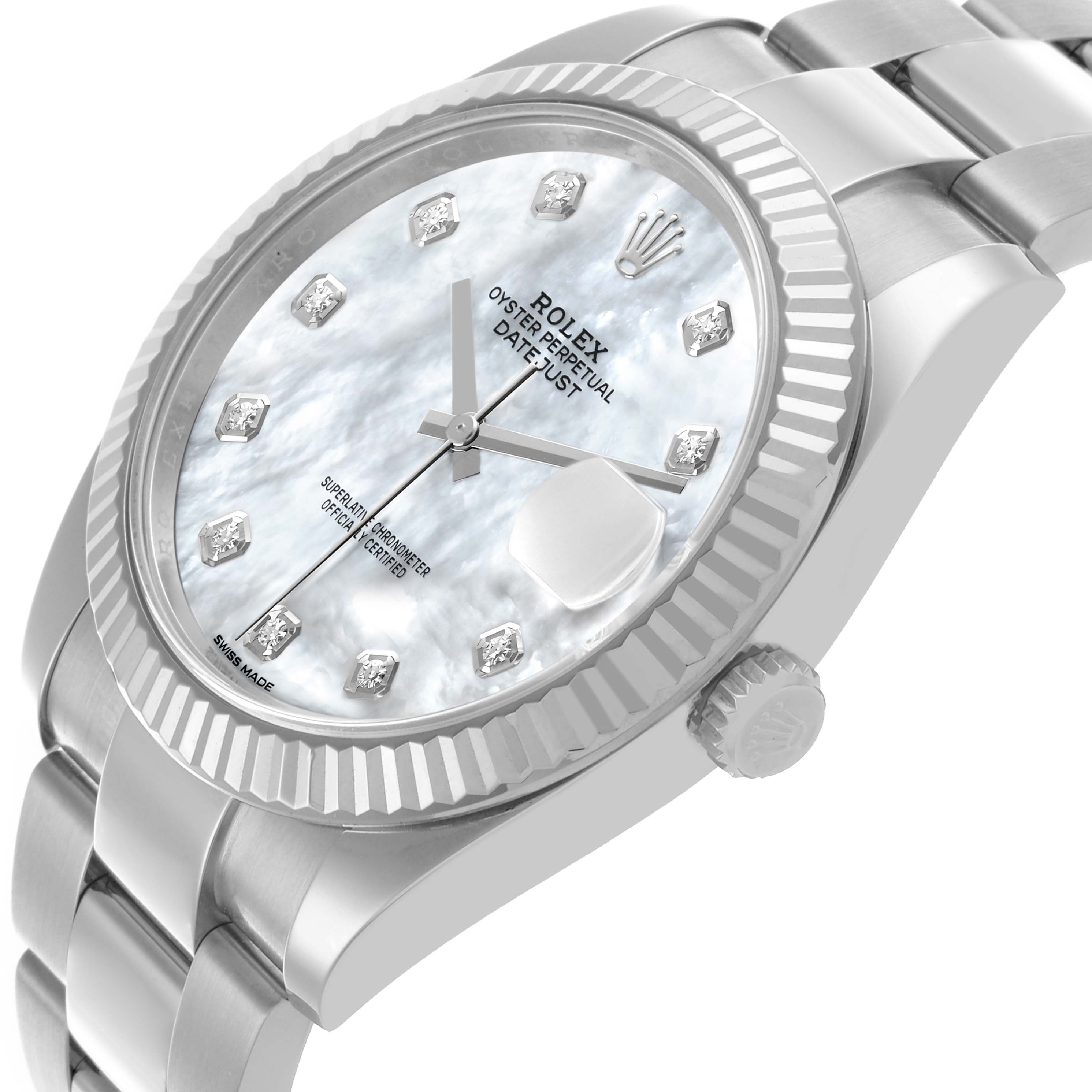 The Rolex Datejust 41 126334 Men's Stainless Steel Mother of Pearl Dial 126334 Men's Stainless Steel Mother of Pearl Dial is shown at an angle highlighting the dial, bezel, crown, and bracelet.
