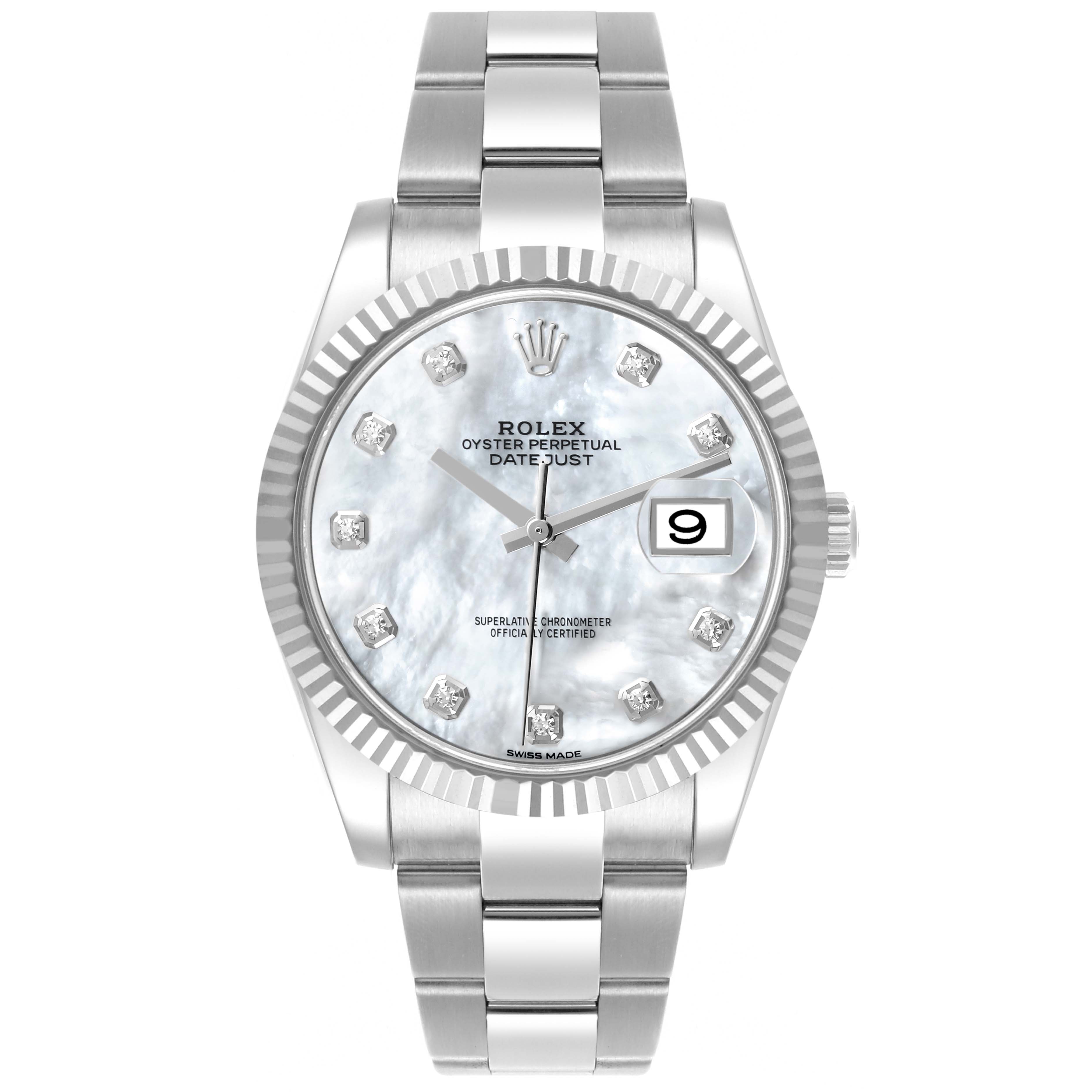 The Rolex Datejust 41 126334 Men's Stainless Steel Mother of Pearl Dial 126334 Men's Stainless Steel Mother of Pearl Dial watch is shown from the front, displaying the face, bezel, and part of the bracelet.
