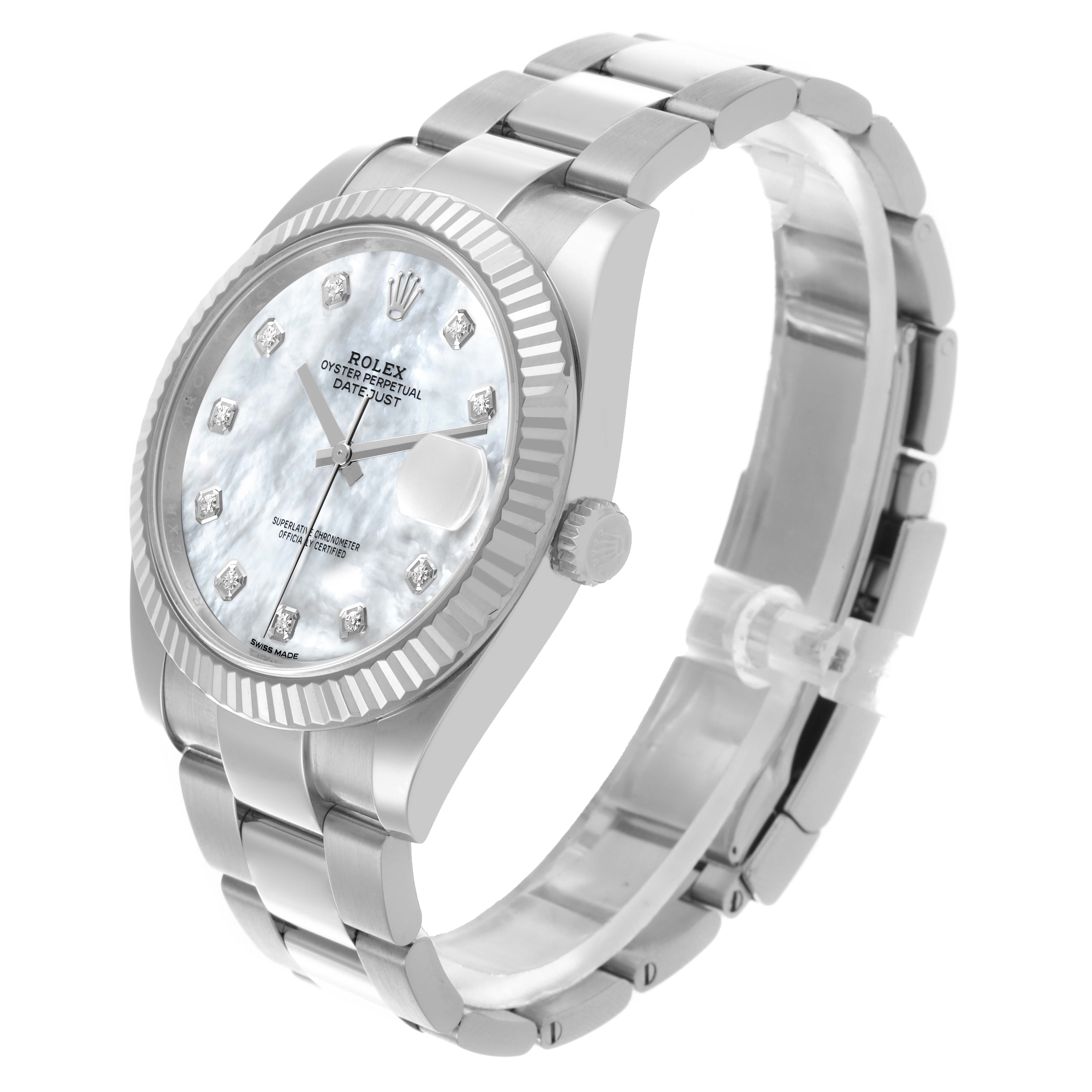 The Rolex Datejust 41 126334 Men's Stainless Steel Mother of Pearl Dial 126334 Men's Stainless Steel Mother of Pearl Dial watch is shown at a three-quarter angle, displaying the face, bezel, crown, and part of the bracelet.
