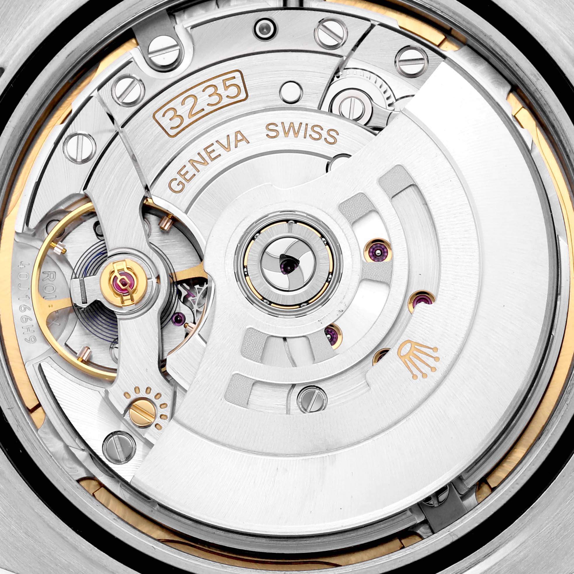 This image shows the Rolex Datejust 41 126334 Men's Stainless Steel Mother of Pearl Dial 126334 Men's Stainless Steel Mother of Pearl Dial movement mechanism, focusing on the caliber 3235 components from a rear angle.