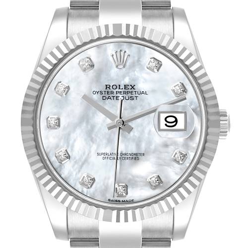 The Rolex Datejust 41 shows a front view with the bezel, dial, indices, and date window prominently displayed.