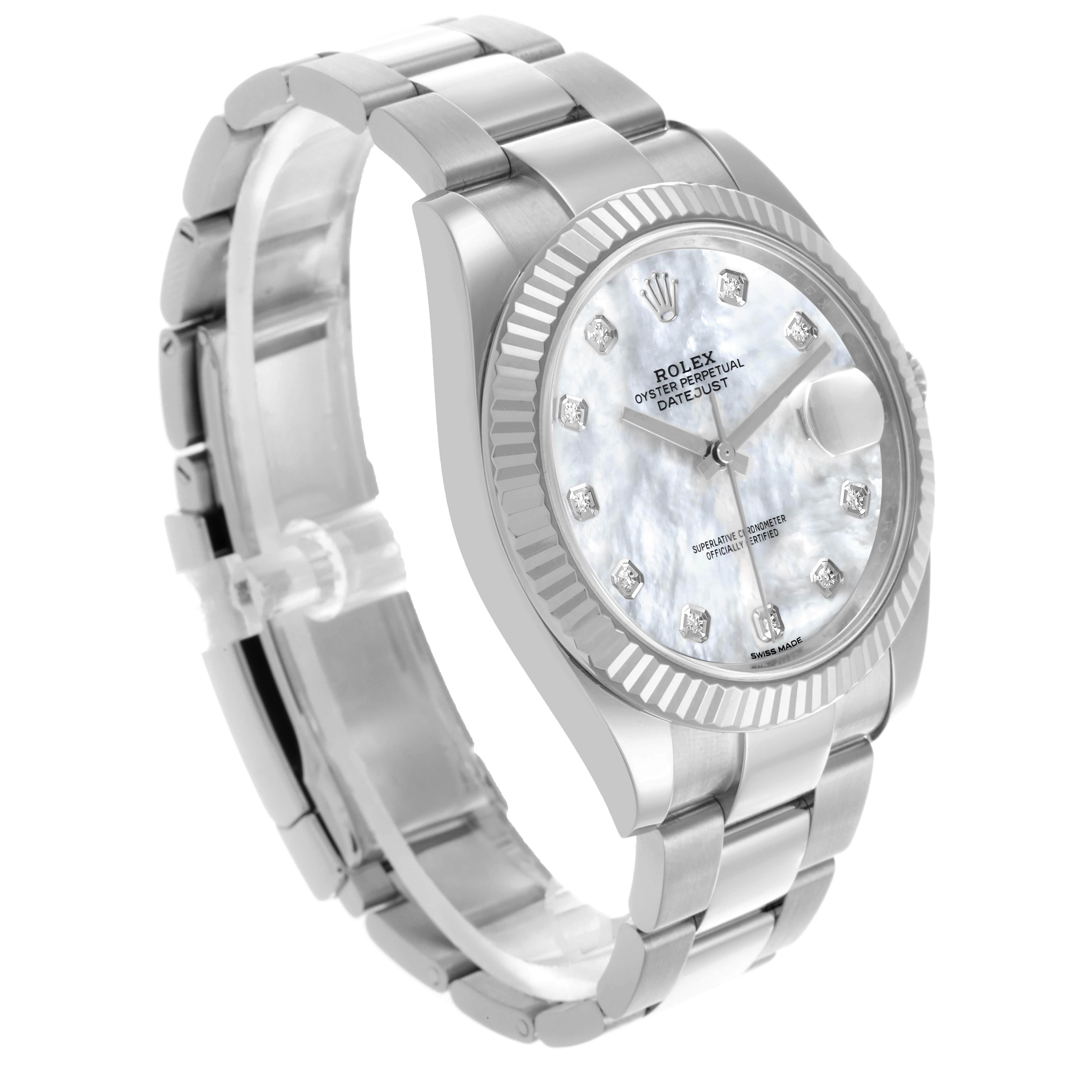 The Rolex Datejust 41 126334 Men's Stainless Steel Mother of Pearl Dial 126334 Men's Stainless Steel Mother of Pearl Dial is shown at a three-quarter angle, highlighting the watch face, fluted bezel, and oyster bracelet.