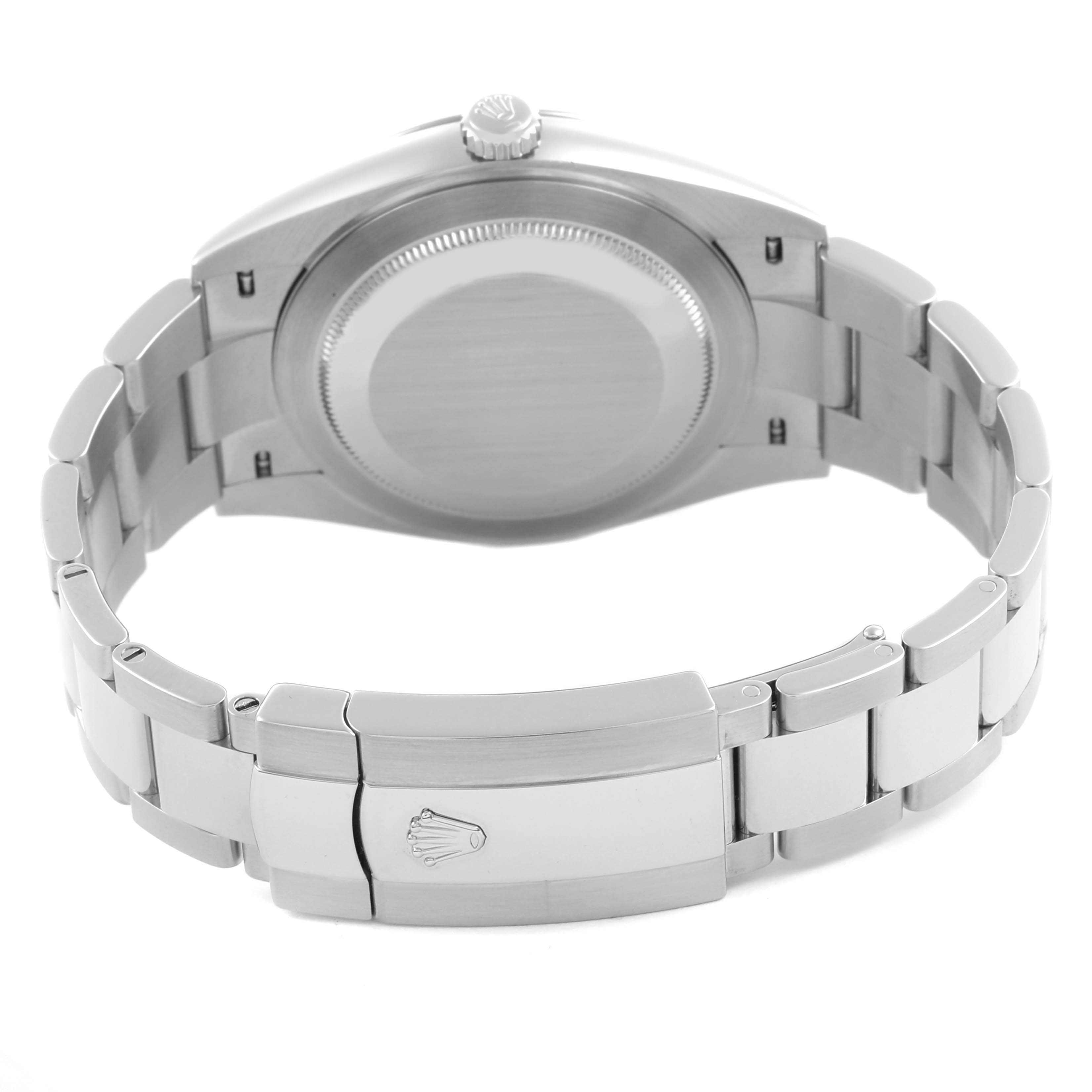 The Rolex Datejust 41 126334 Men's Stainless Steel Mother of Pearl Dial 126334 Men's Stainless Steel Mother of Pearl Dial is shown from the back, highlighting the case back and bracelet clasp.