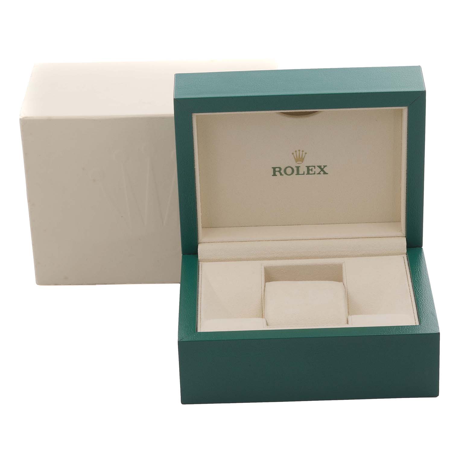 The image shows the open green case of a Rolex Datejust 41 126334 Men's Stainless Steel Mother of Pearl Dial 126334 Men's Stainless Steel Mother of Pearl Dial, revealing its cushioned interior.
