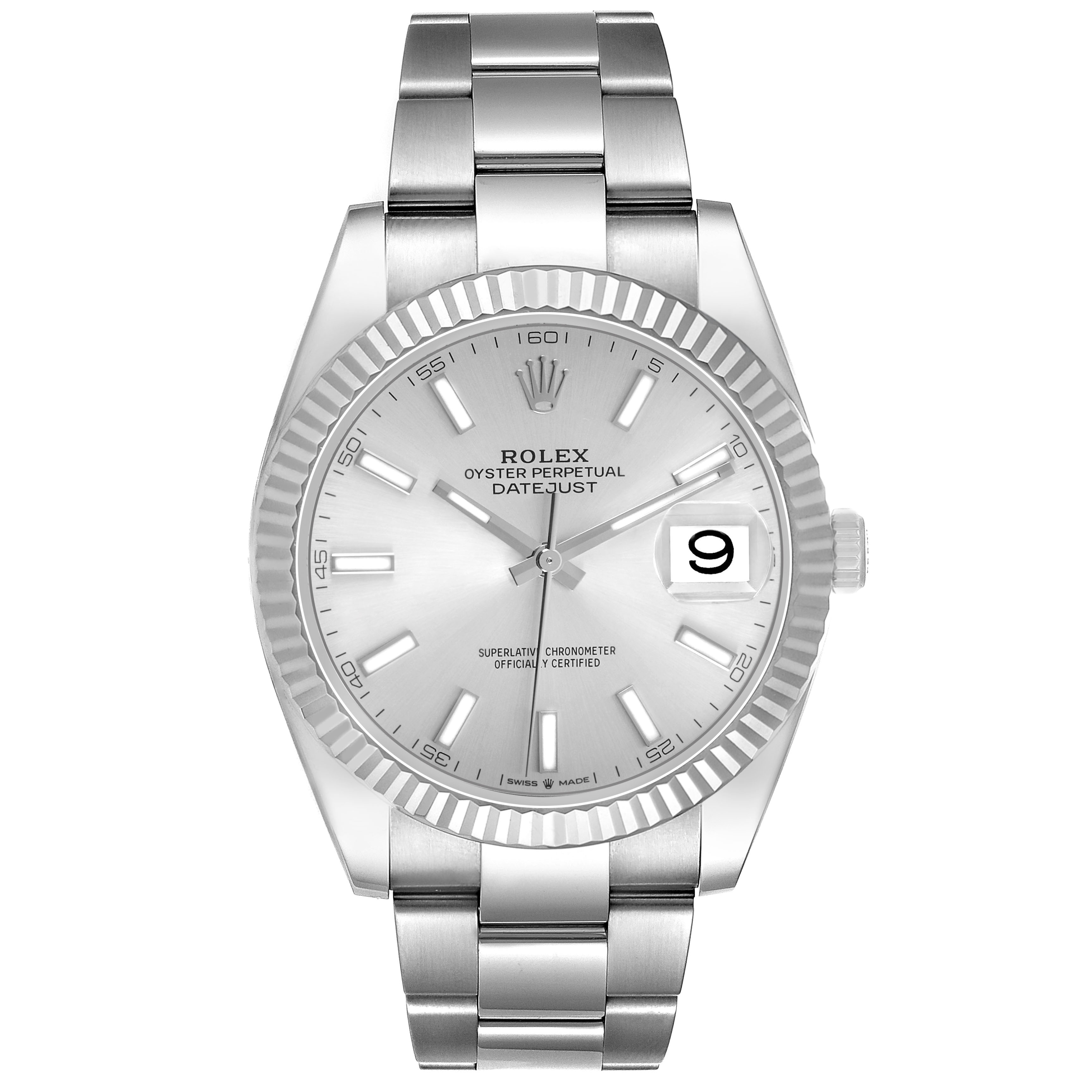 The image shows a front view of the Rolex Datejust 41 126334 Men's Stainless Steel Silver Dial, highlighting the dial, fluted bezel, and bracelet.