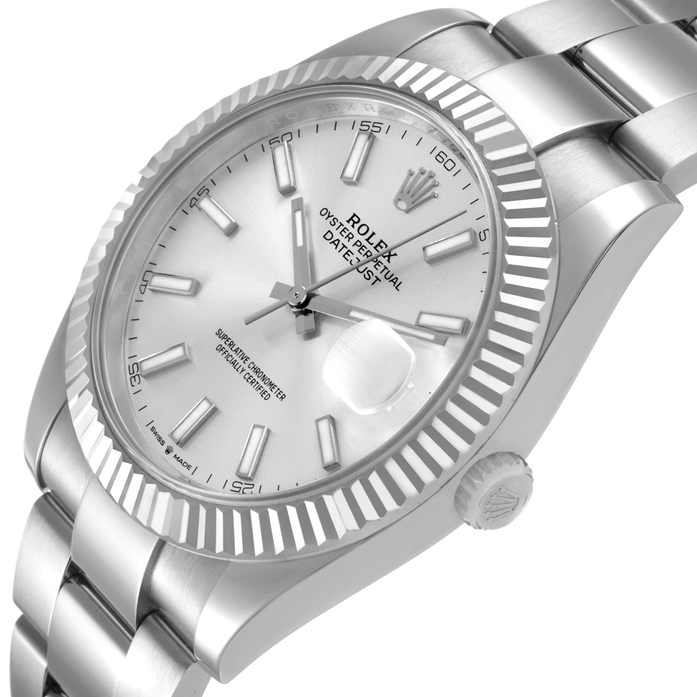 The Rolex Datejust 41 126334 Men's Stainless Steel Silver Dial is shown at an angle highlighting the dial, fluted bezel, and bracelet.