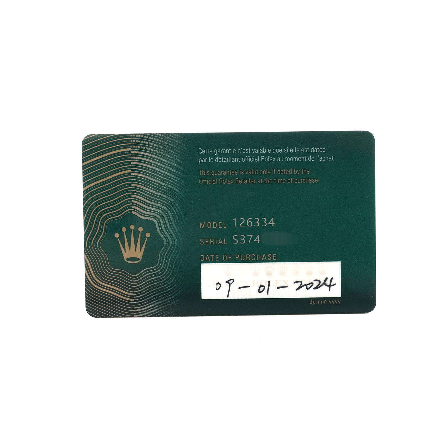 The image shows the warranty card for a Rolex Datejust 41 126334 Men's Stainless Steel Silver Dial, with model and serial numbers visible.