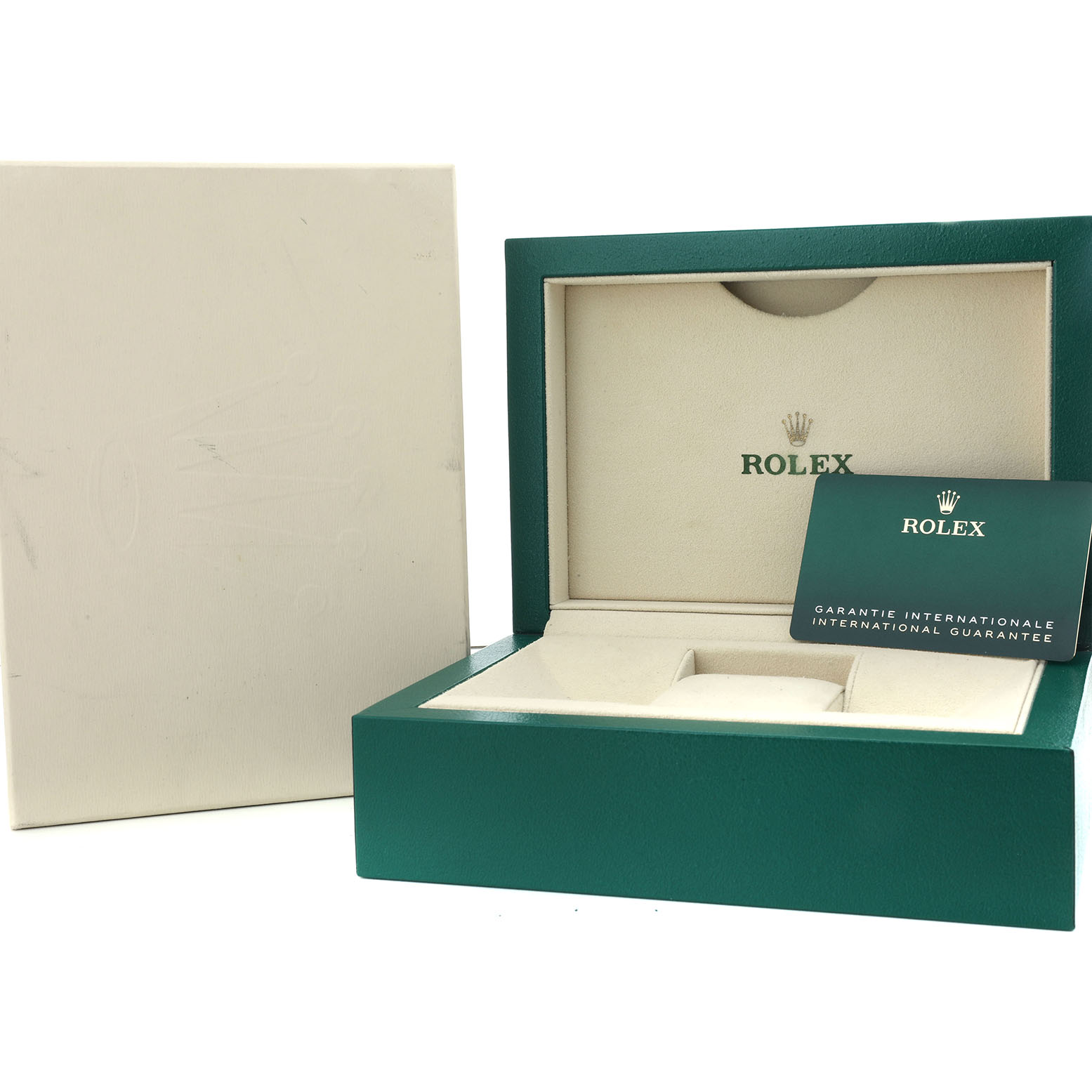 The image shows the box and guarantee card for a Rolex Datejust 41 126334 Men's Stainless Steel Silver Dial, with the box lid open.