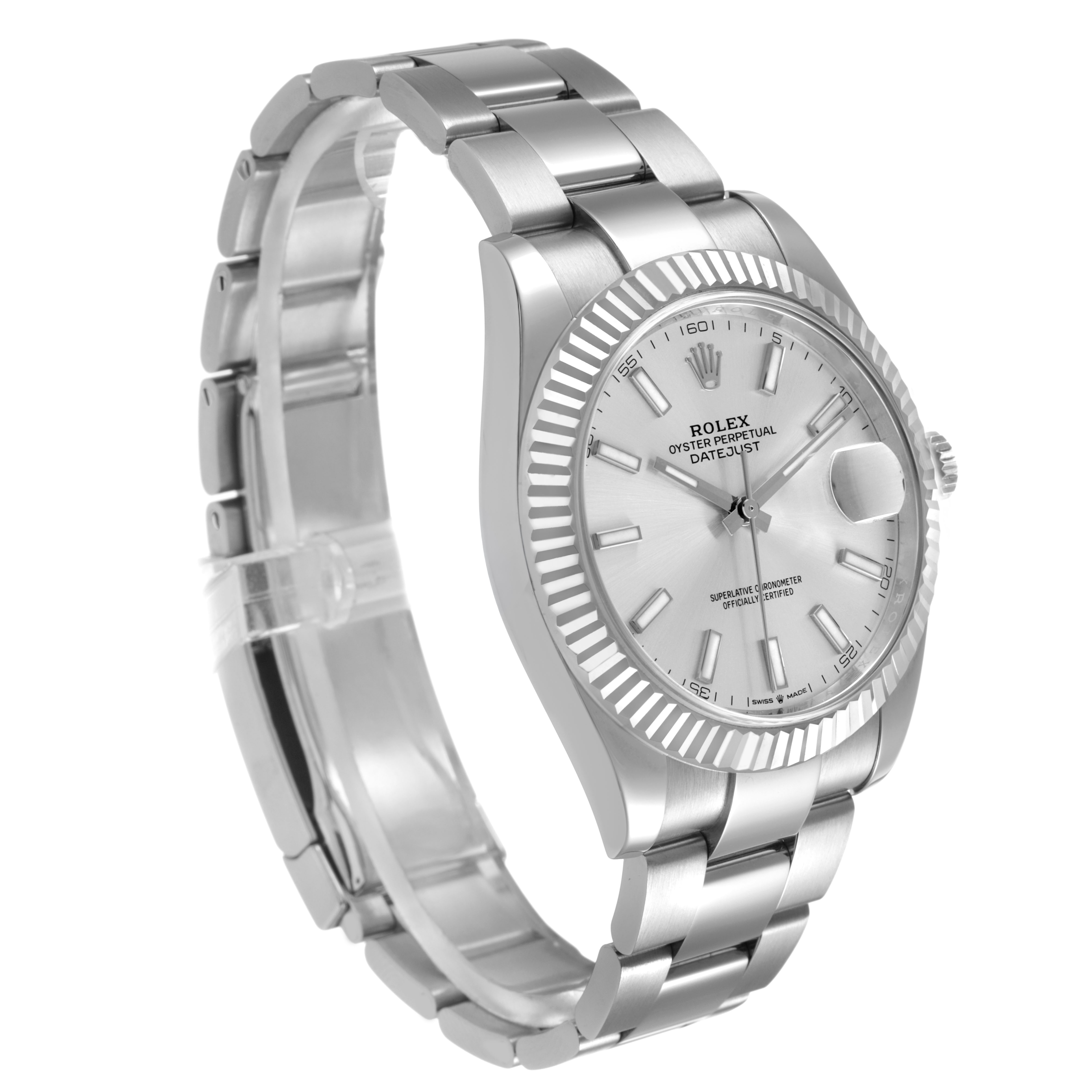 The Rolex Datejust 41 126334 Men's Stainless Steel Silver Dial is shown at a three-quarter angle, highlighting its fluted bezel and bracelet.
