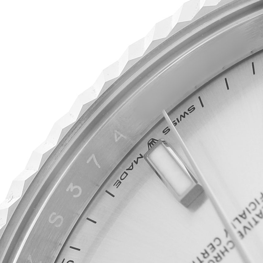 The image shows a close-up of the dial and bezel of the Rolex Datejust 41 126334 Men's Stainless Steel Silver Dial, highlighting markers and the "Swiss Made" text.