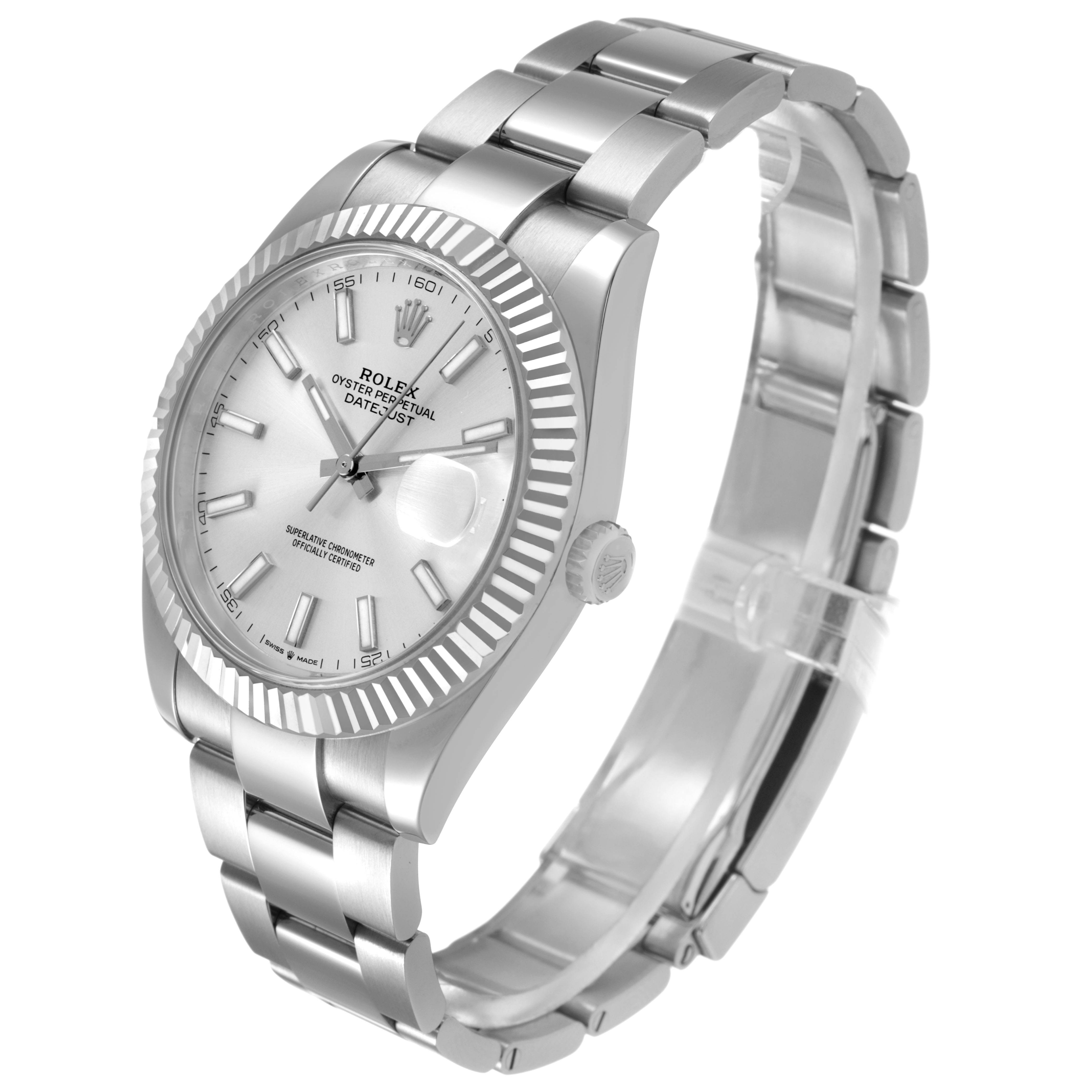 The Rolex Datejust 41 126334 Men's Stainless Steel Silver Dial model is shown at an angle displaying its face, bezel, crown, and bracelet.