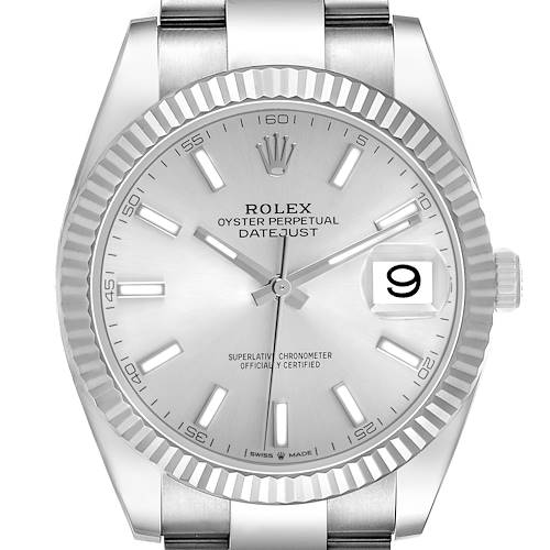 The Rolex Datejust 41 126334 Men's Stainless Steel Silver Dial is shown from a front view, highlighting the dial, bezel, and date window.