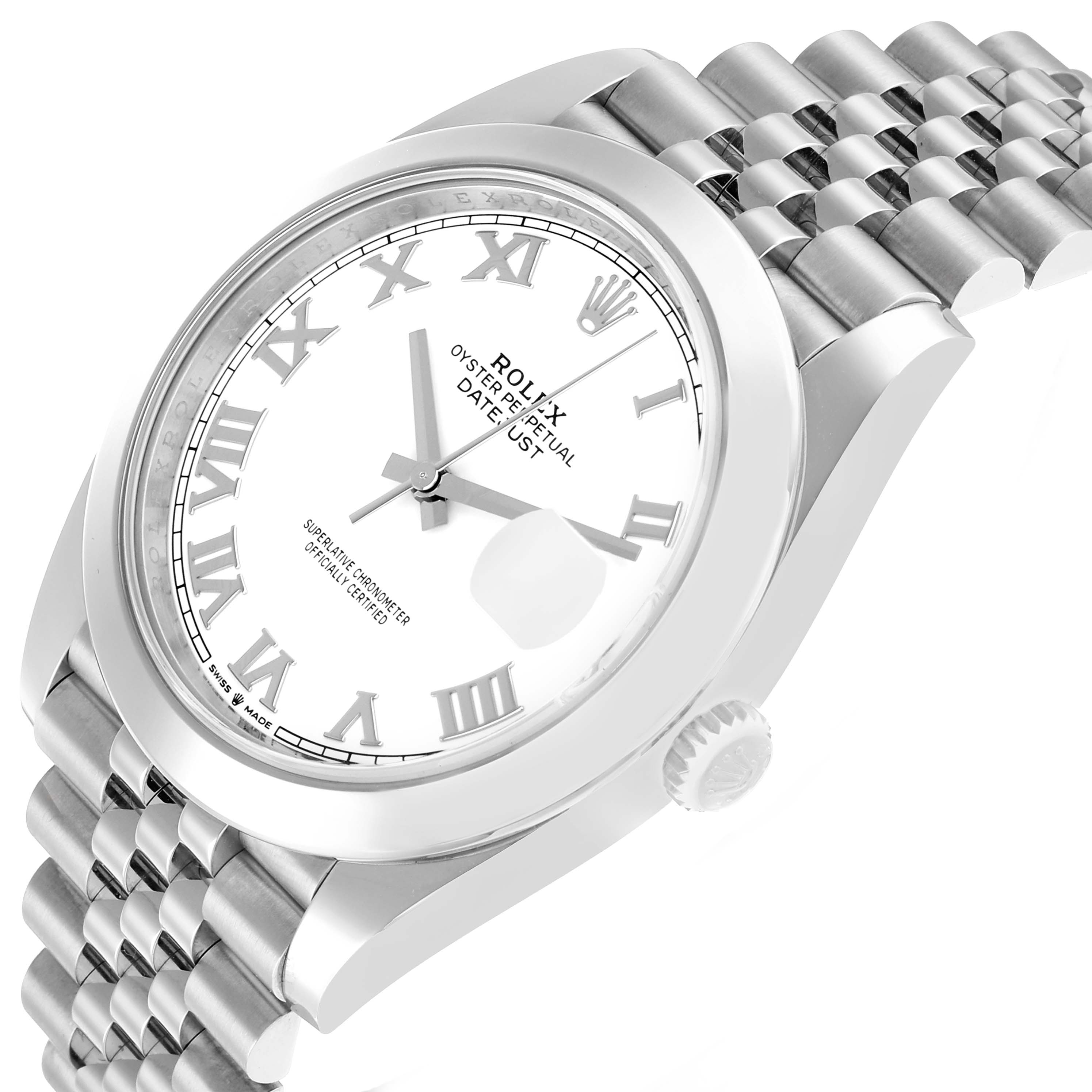 The Rolex Datejust 41 126300 Men
s Stainless Steel White Dial watch is shown at a slight side angle, displaying the dial, bezel, crown, and part of the bracelet.