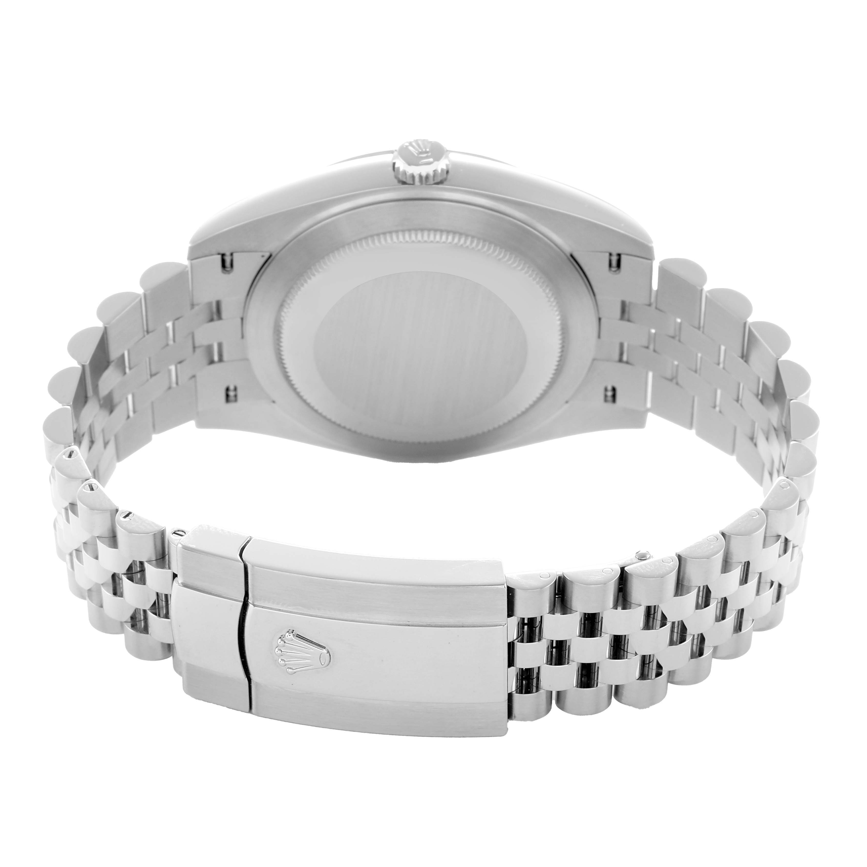 The image shows the back of a Rolex Datejust 41 126300 Men
s Stainless Steel White Dial, highlighting its case back and Jubilee bracelet with the clasp visible.