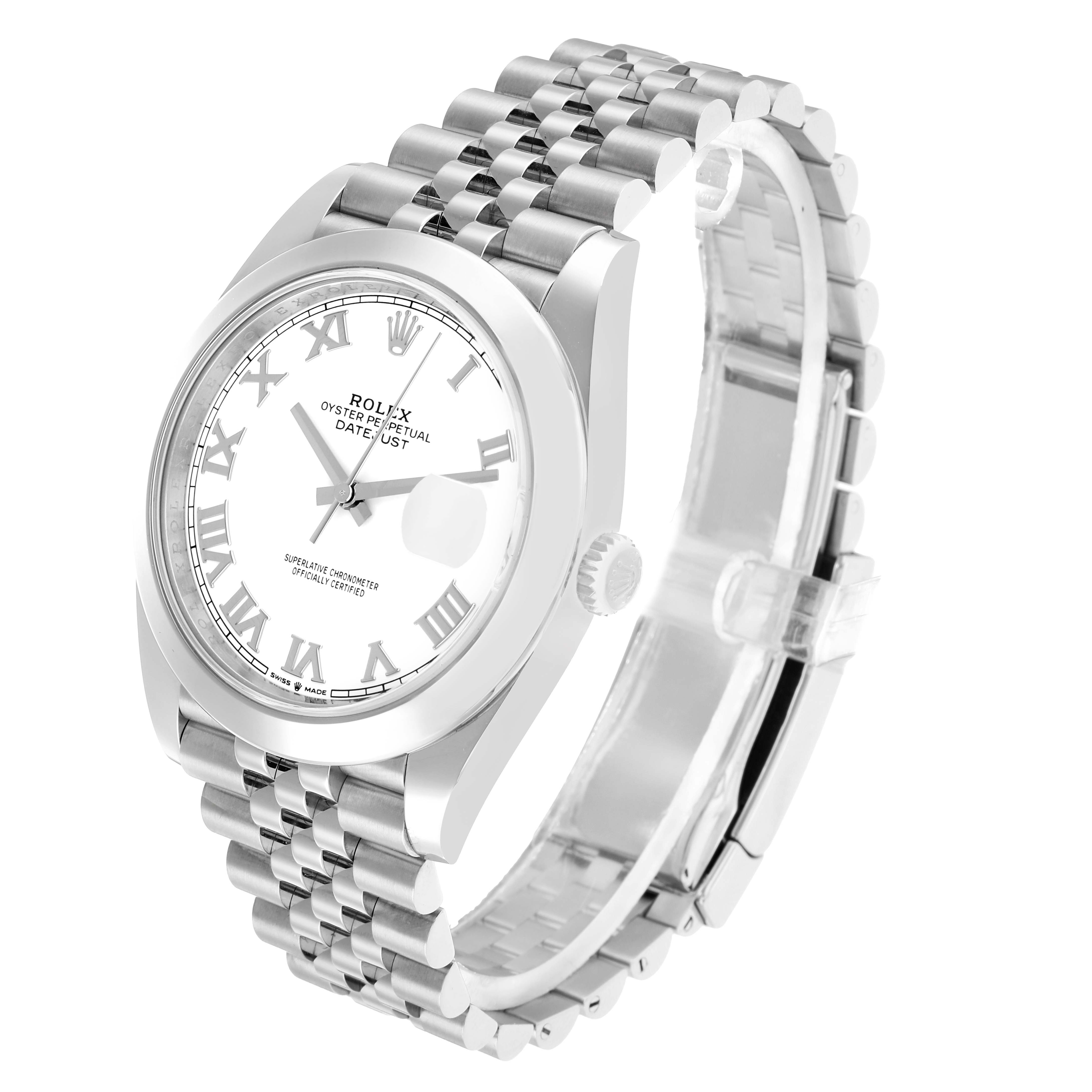 The Rolex Datejust 41 126300 Men
s Stainless Steel White Dial is shown at a slight angle, highlighting the face, bezel, crown, and Jubilee bracelet.