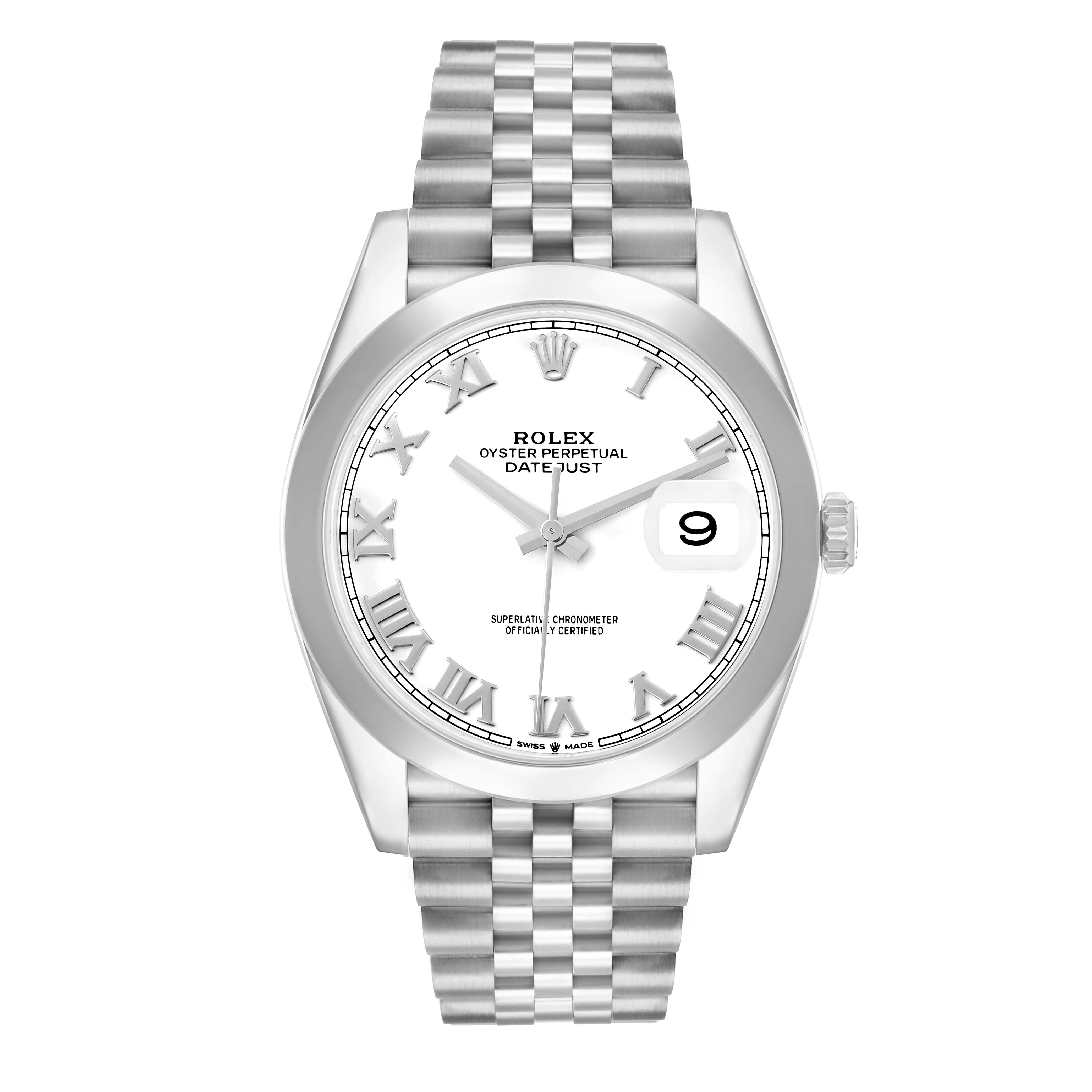 The Rolex Datejust 41 126300 Men
s Stainless Steel White Dial is shown from a front view, highlighting its dial, Roman numerals, and bracelet.