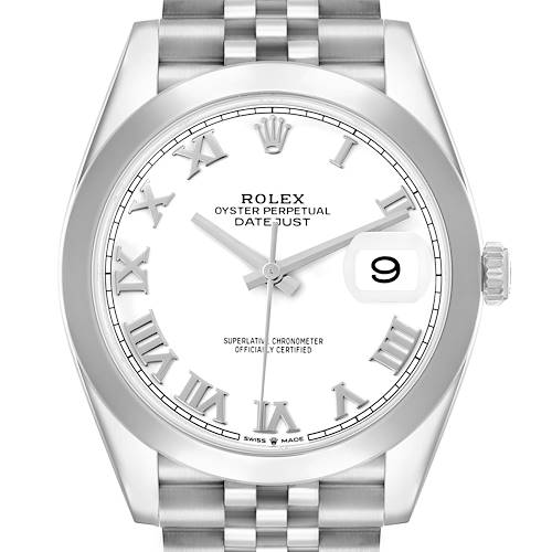 The Rolex Datejust 41 126300 Men's Stainless Steel White Dial is shown from the front, highlighting the dial, bezel, bracelet, crown, and date window.